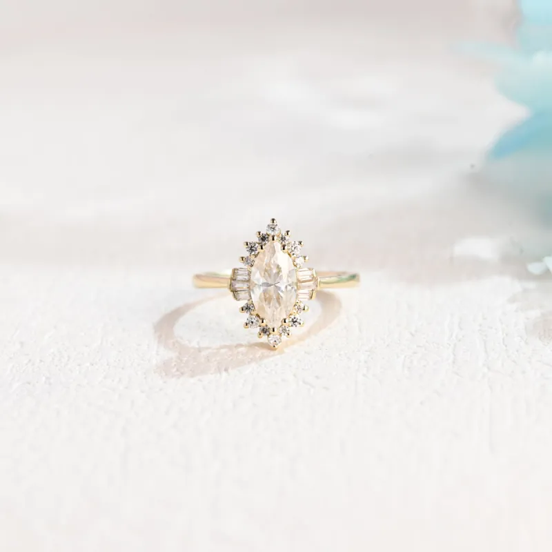 Solid Gold Art Deco Marquise Cut Moissanite Engagement Ring sold by Causyou