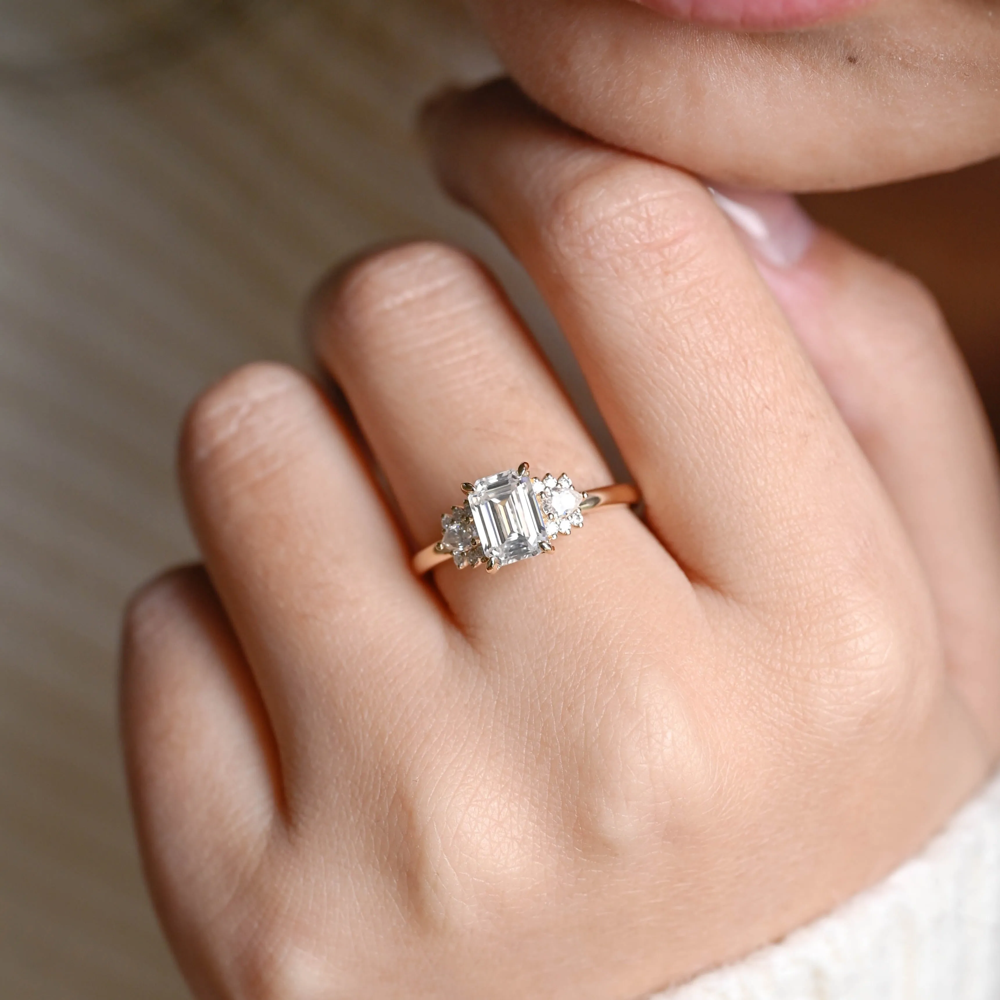 Solid Gold Emerald Cut Moissanite Engagement Ring, Three Stone Promise Ring, Proposal Ring, Gift for Woman, Wife sold by Causyou product image thumbnail 4