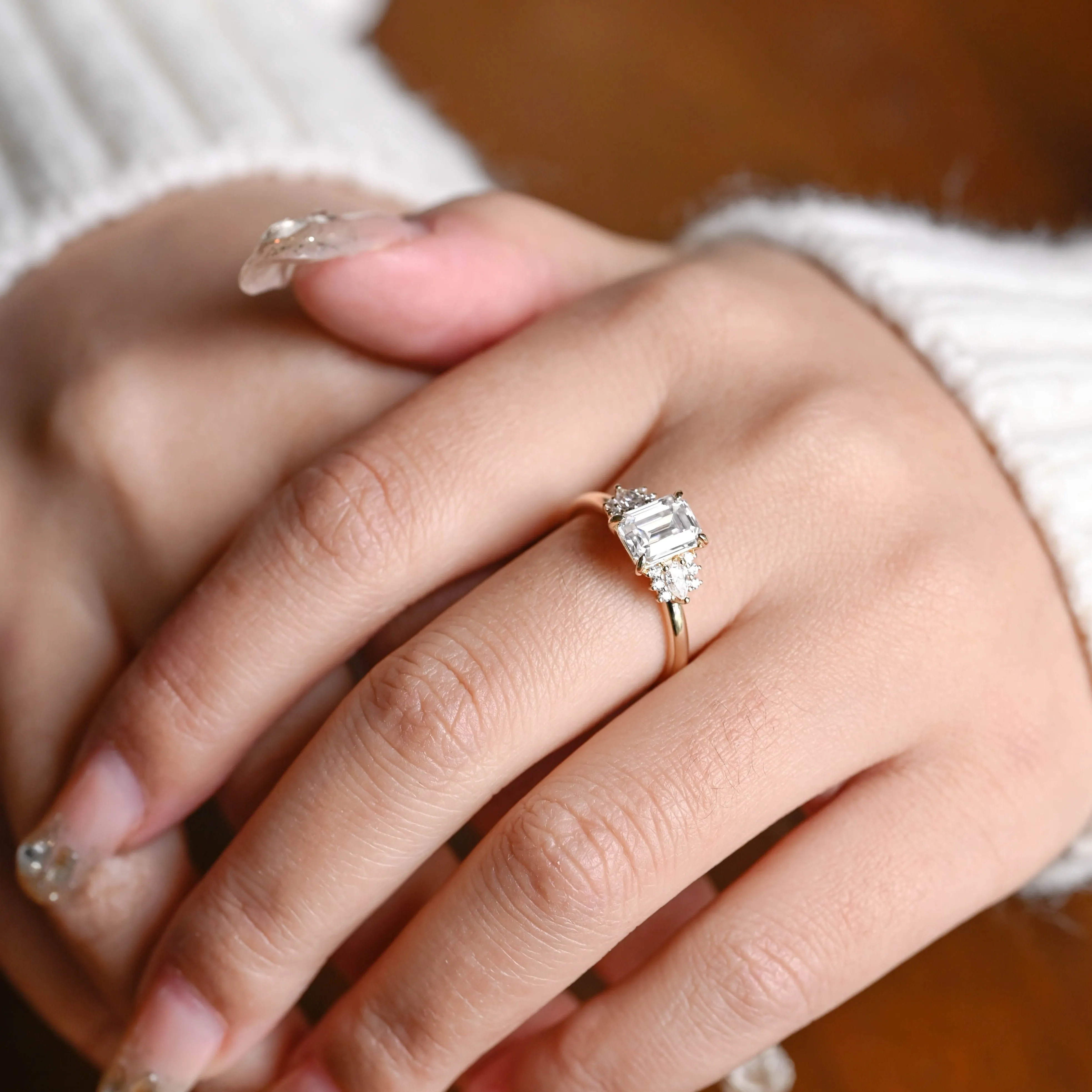 Solid Gold Emerald Cut Moissanite Engagement Ring, Three Stone Promise Ring, Proposal Ring, Gift for Woman, Wife sold by Causyou product image thumbnail 3