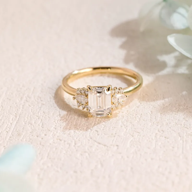 Solid Gold Emerald Cut Moissanite Engagement Ring, Three Stone Promise Ring, Proposal Ring, Gift for Woman, Wife sold by Causyou