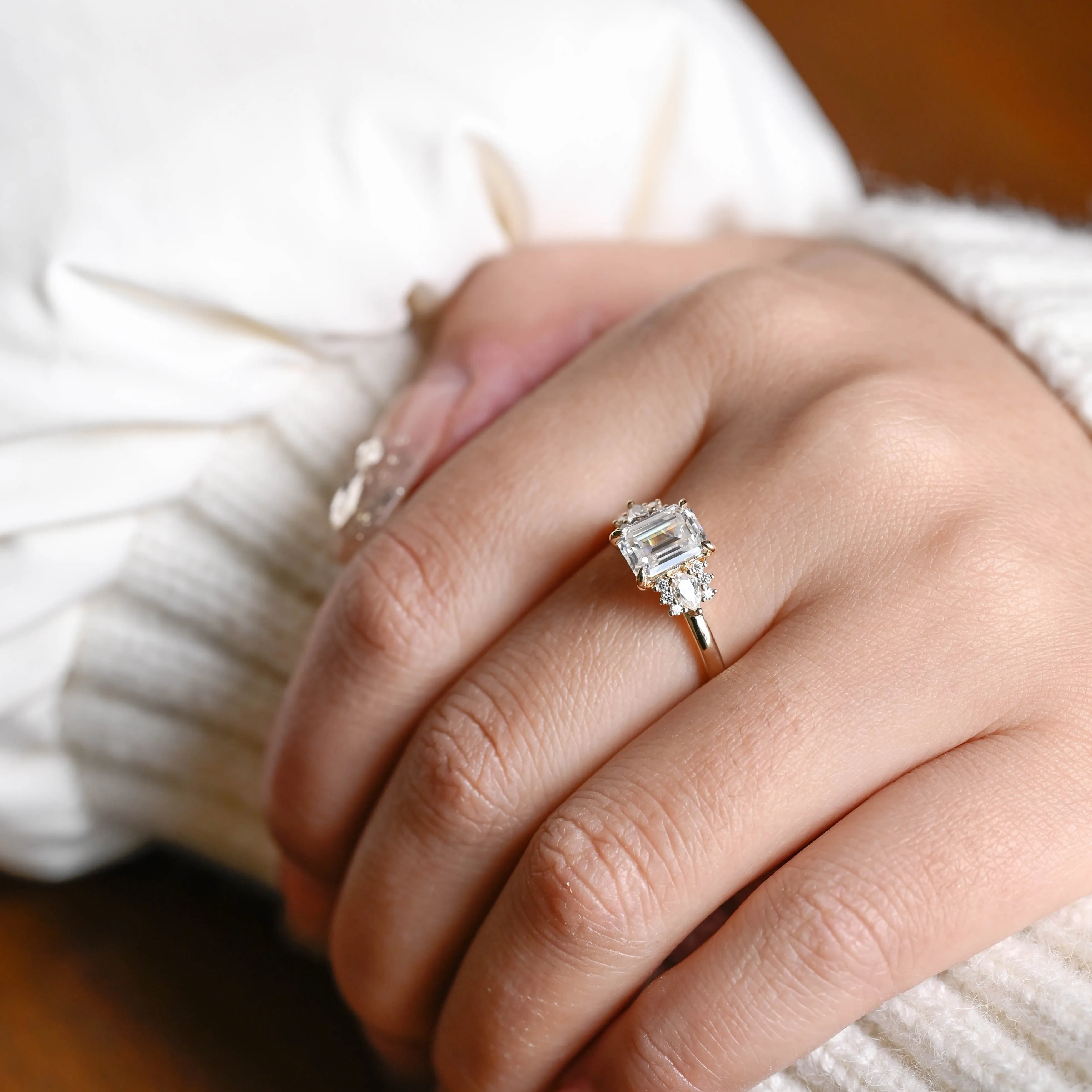 Solid Gold Emerald Cut Moissanite Engagement Ring, Three Stone Promise Ring, Proposal Ring, Gift for Woman, Wife sold by Causyou product image thumbnail 2