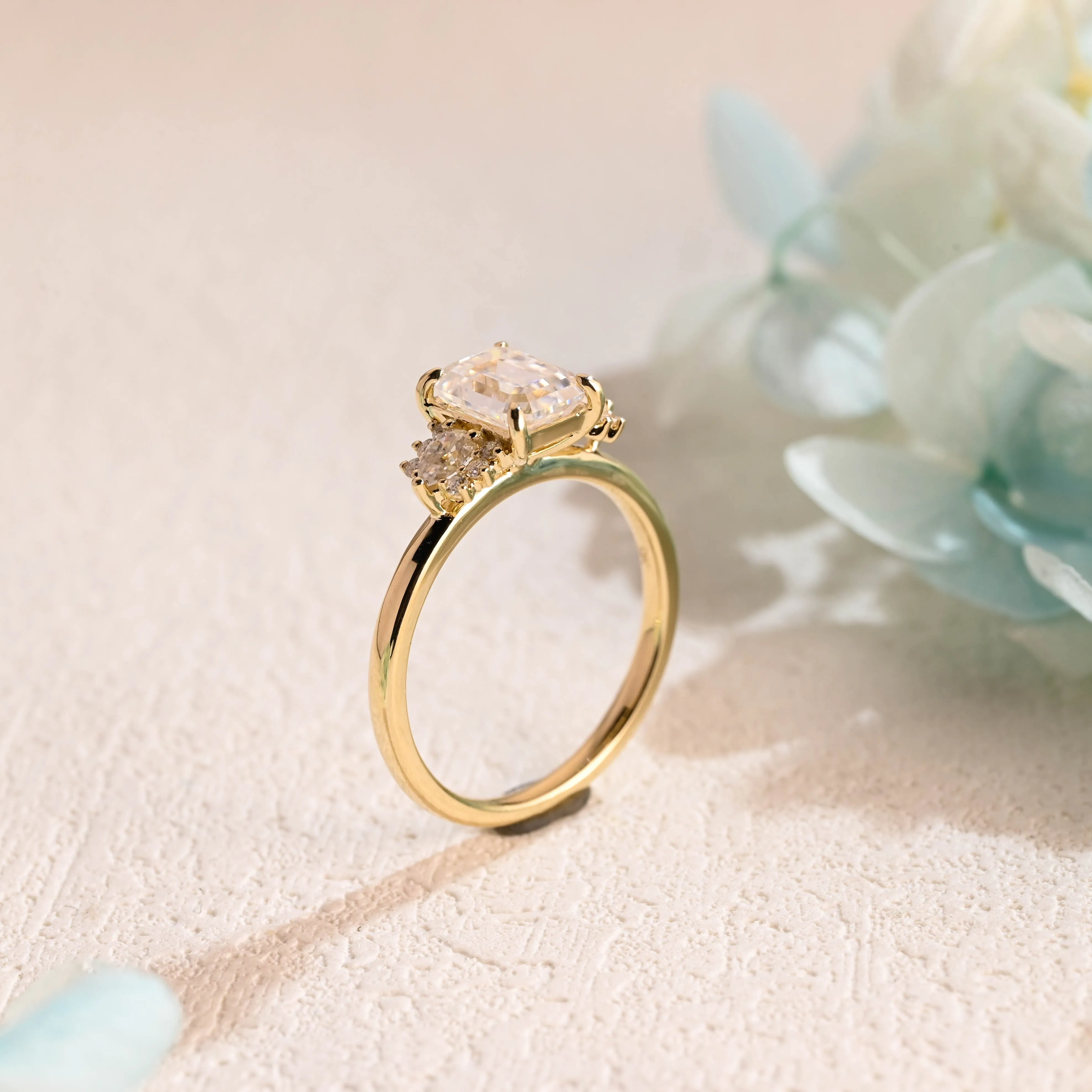 Solid Gold Emerald Cut Moissanite Engagement Ring, Three Stone Promise Ring, Proposal Ring, Gift for Woman, Wife sold by Causyou product image thumbnail 5