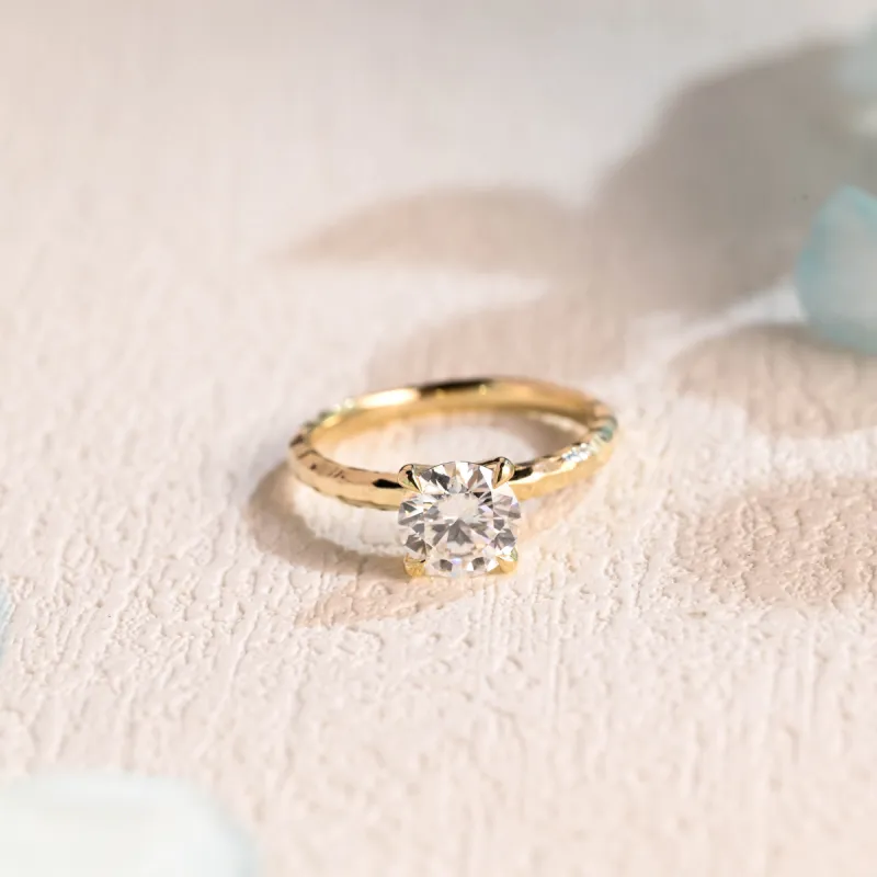 Solid Gold Round Cut Moissanite Engagement Ring, Solitaire Ring Hammered Band sold by Causyou