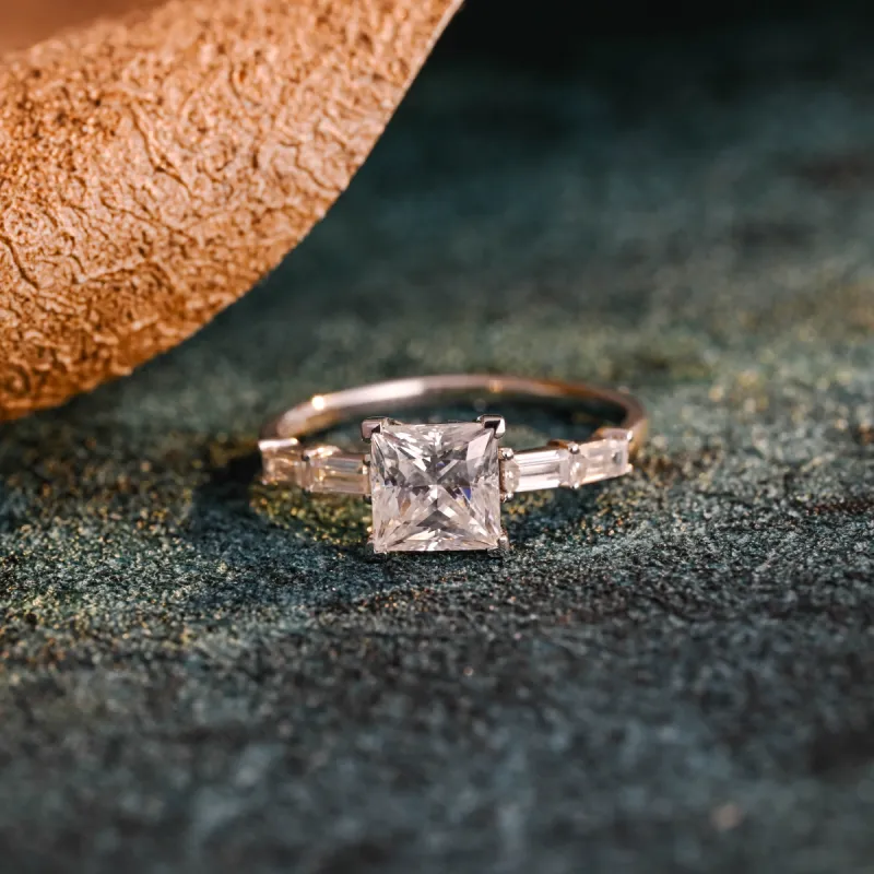 CausYou Solid Gold D/VS1 Princess Cut Lab Grown Diamond Engagement Ring, Baguette Accents Wedding Ring sold by Causyou