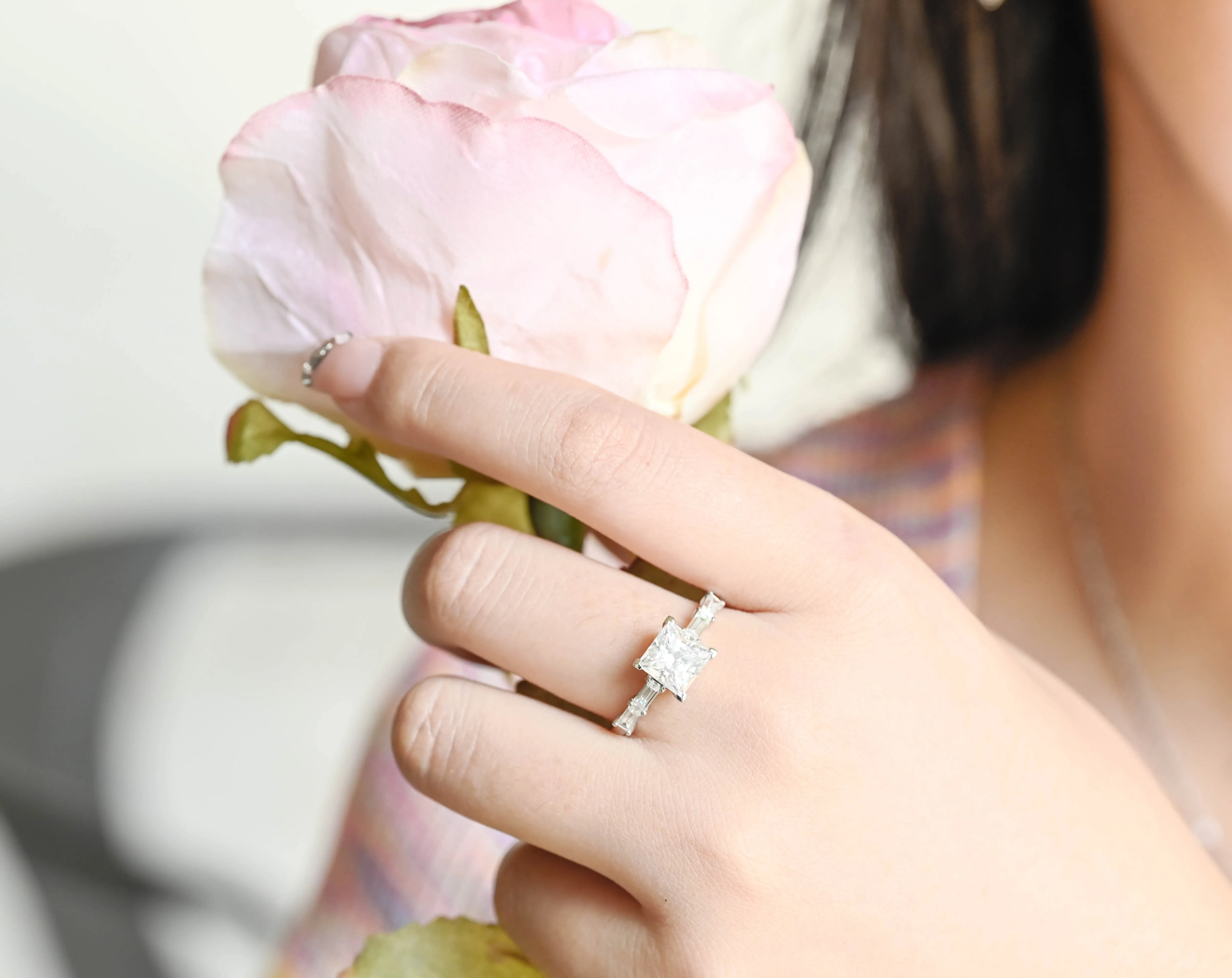 CausYou Solid Gold D/VS1 Princess Cut Lab Grown Diamond Engagement Ring, Baguette Accents Wedding Ring sold by Causyou product image thumbnail 3