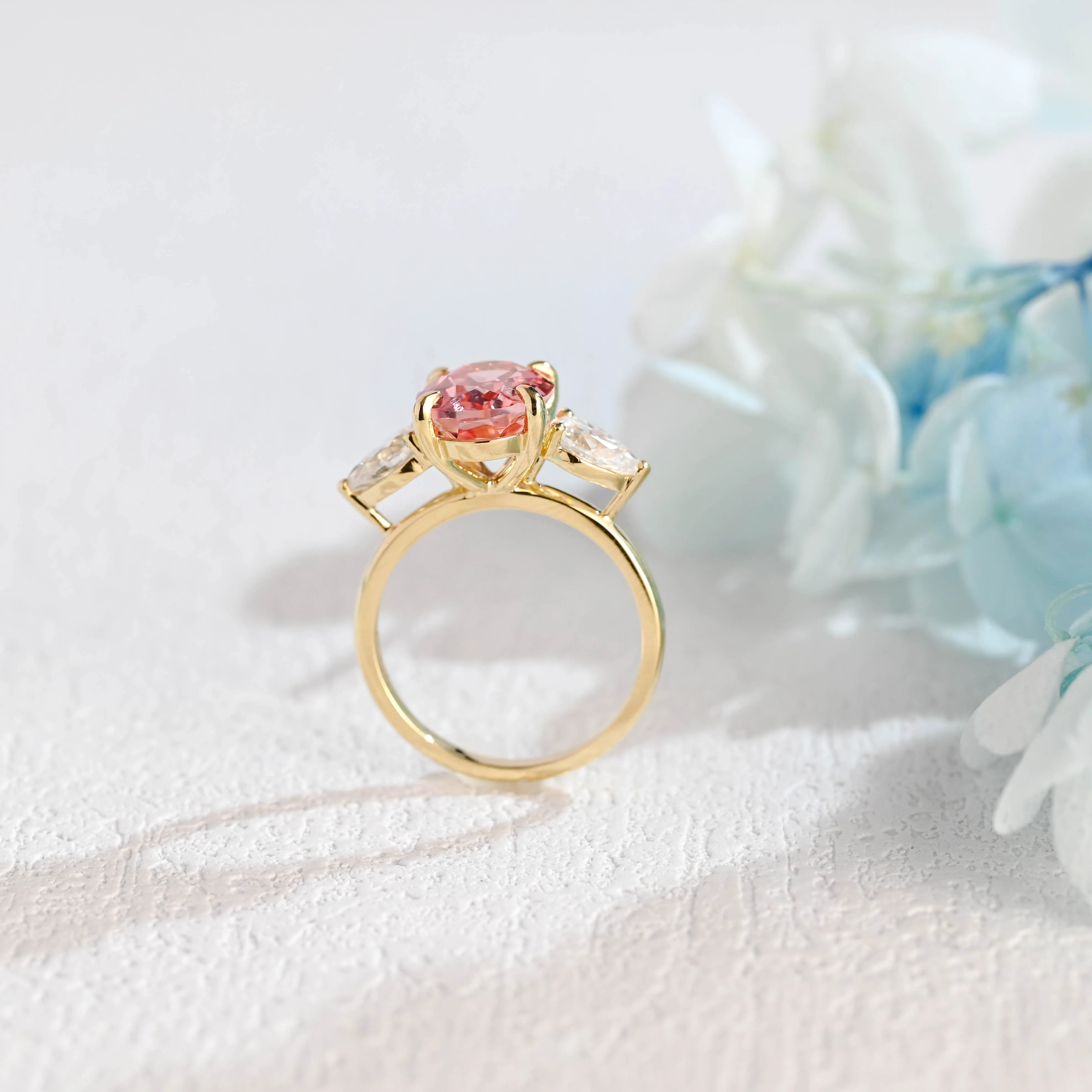 Solid Gold Three Stone Oval Cut Lab Grown Pink Sapphire Engagement Ring sold by Causyou product image thumbnail 5