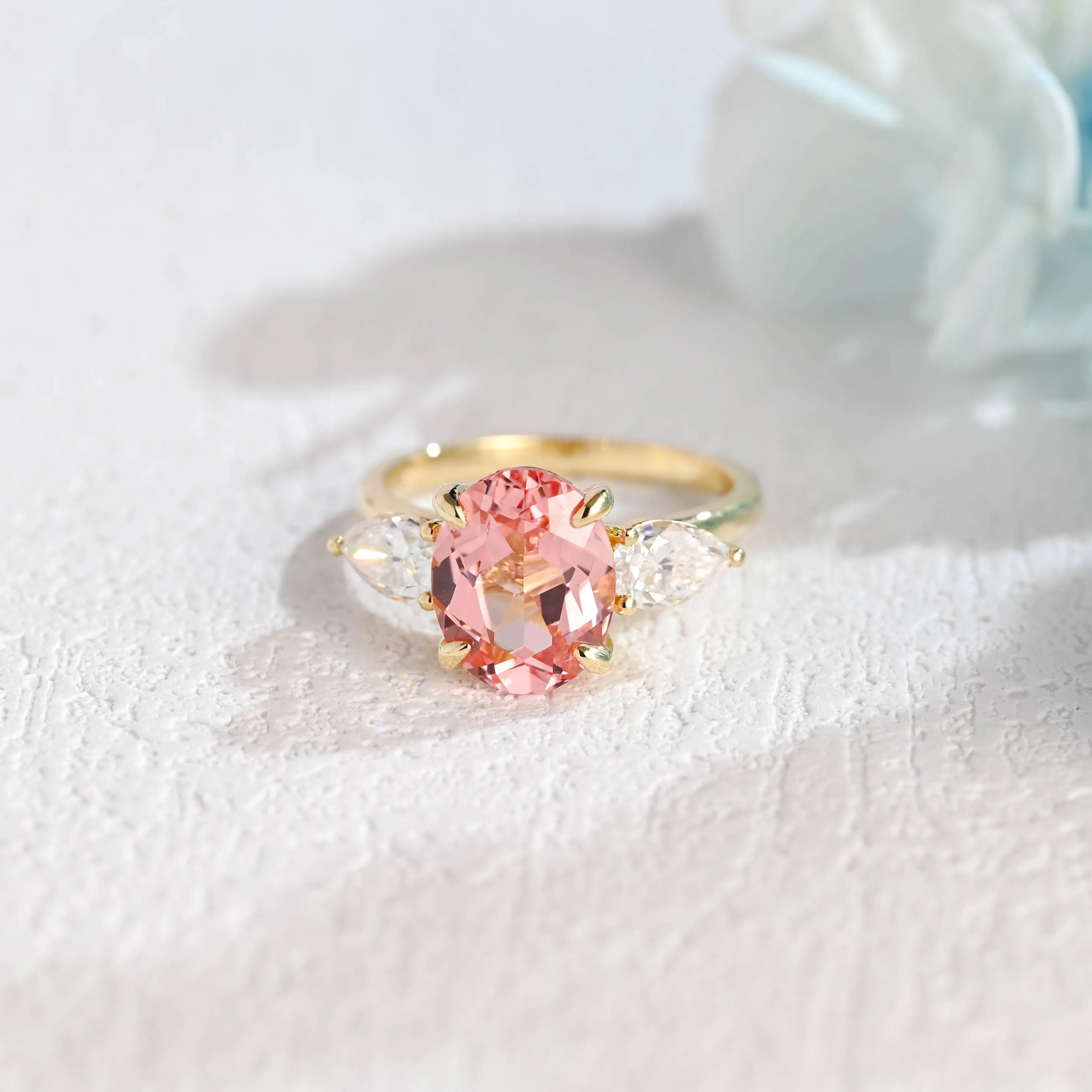 Solid Gold Three Stone Oval Cut Lab Grown Pink Sapphire Engagement Ring sold by Causyou