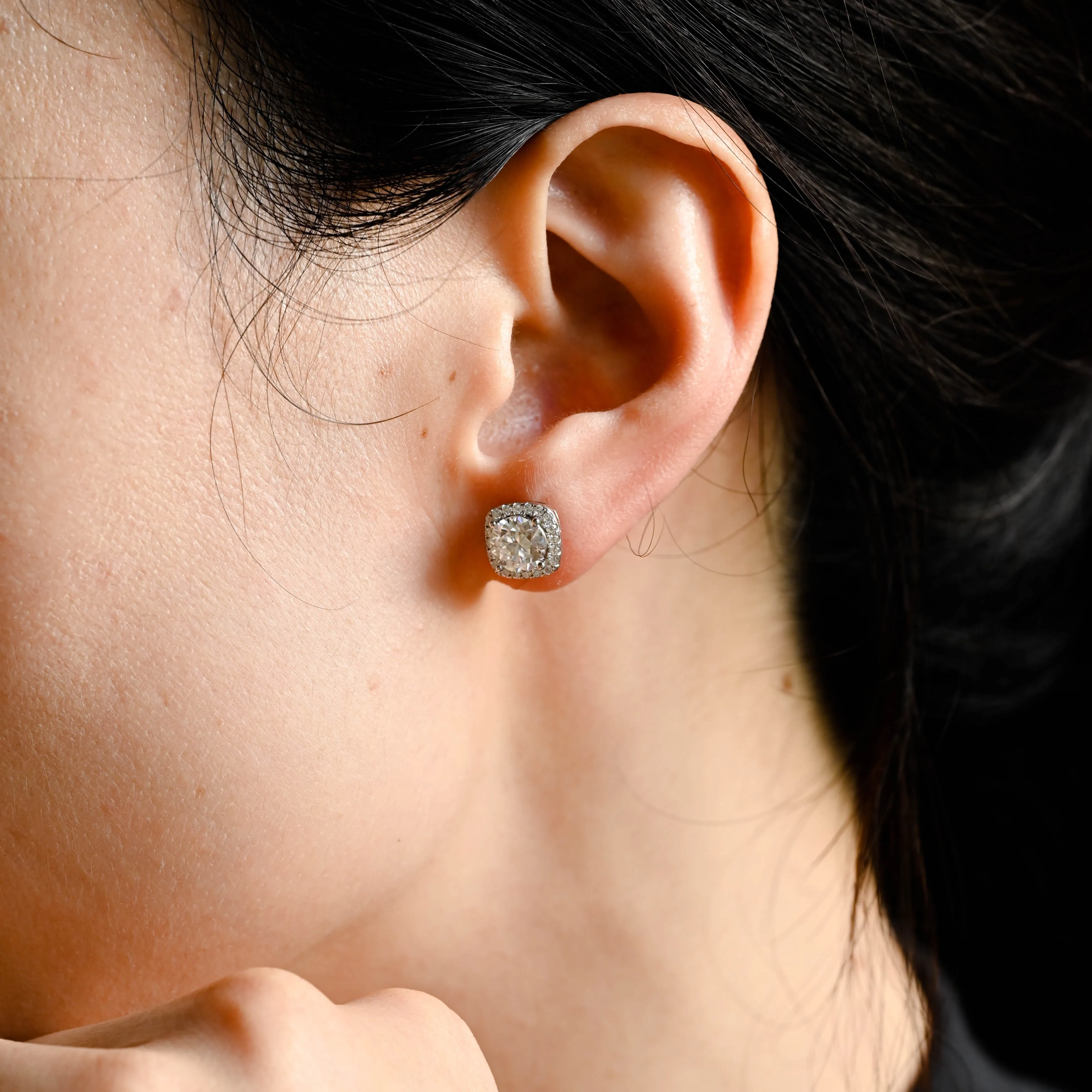 Solid Gold Halo Round Cut Moissanite Earrings Studs sold by Causyou product image thumbnail 4