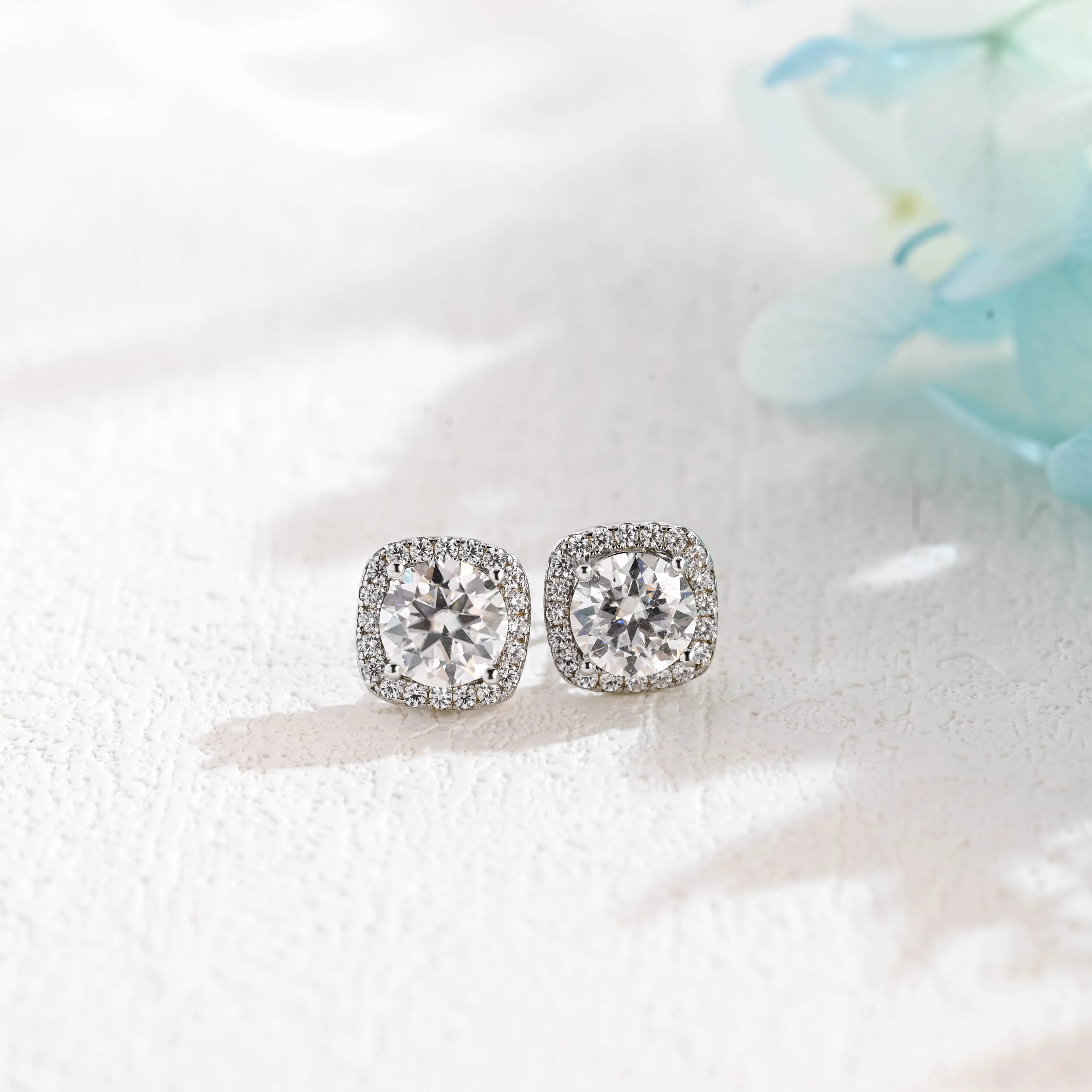 Solid Gold Halo Round Cut Moissanite Earrings Studs sold by Causyou