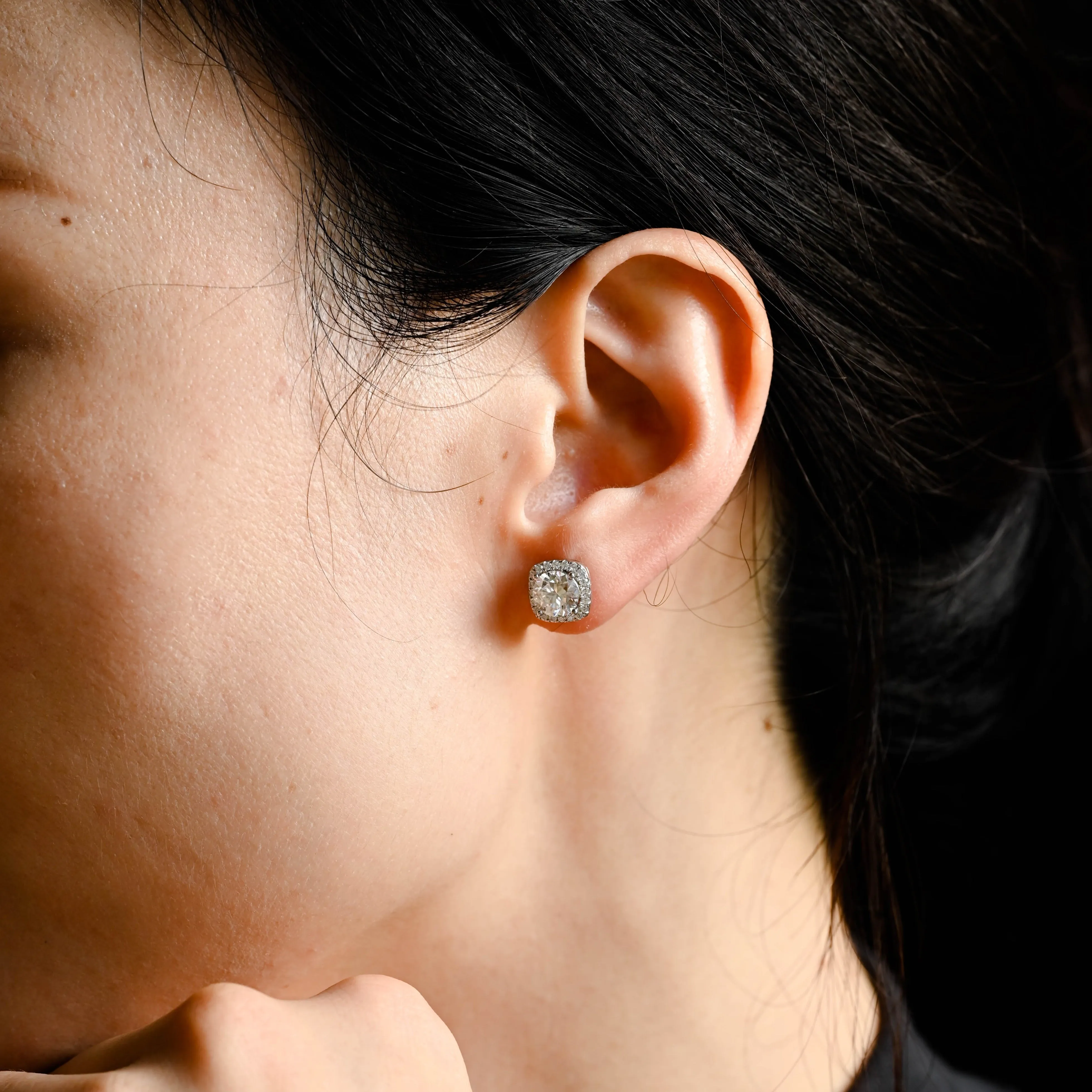 Solid Gold Halo Round Cut Moissanite Earrings Studs sold by Causyou product image thumbnail 3