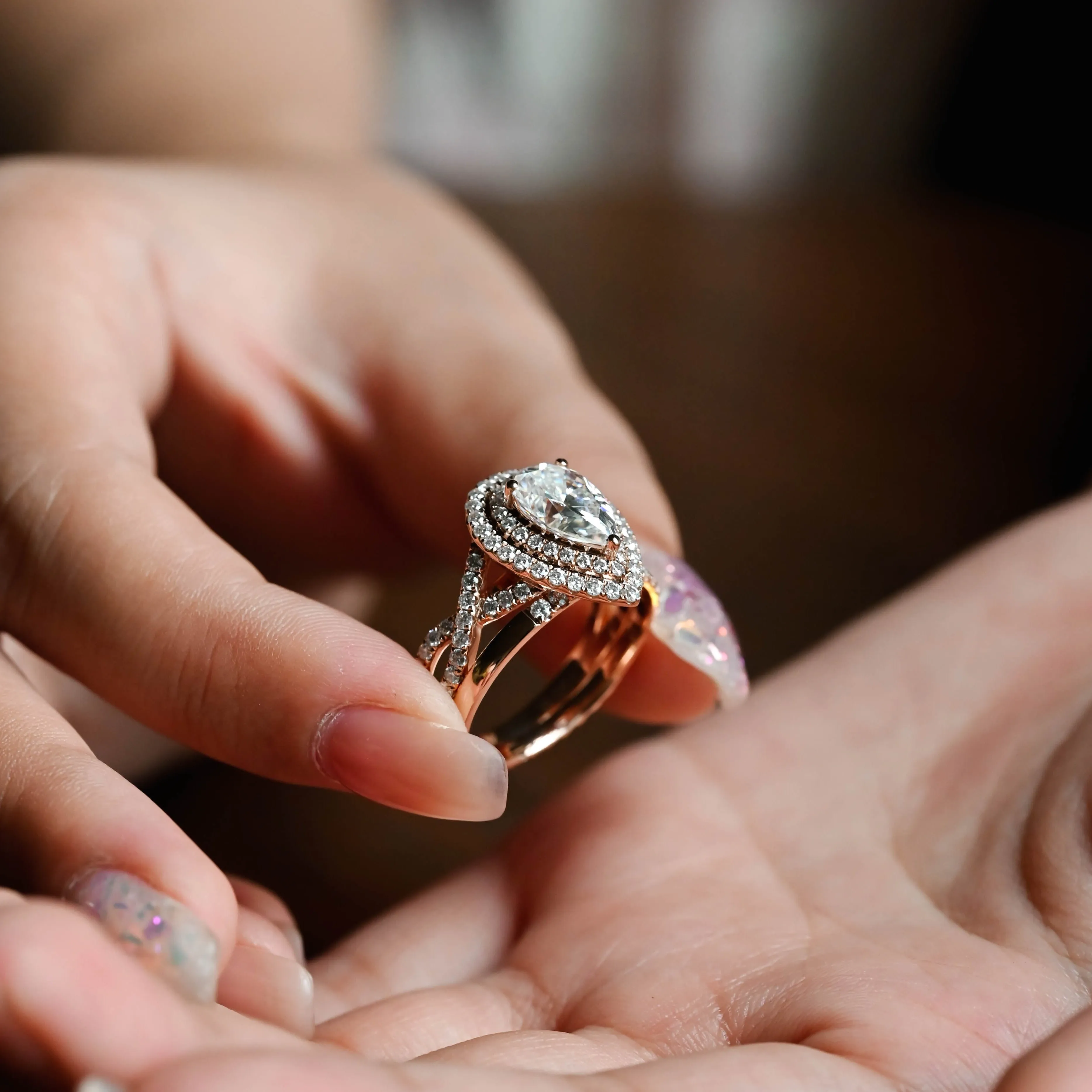 Solid Gold Pear Cut Moissanite Engagement Ring and Wedding Ring Set, Bridal Ring Set, Gift for Women Wife sold by Causyou product image thumbnail 4