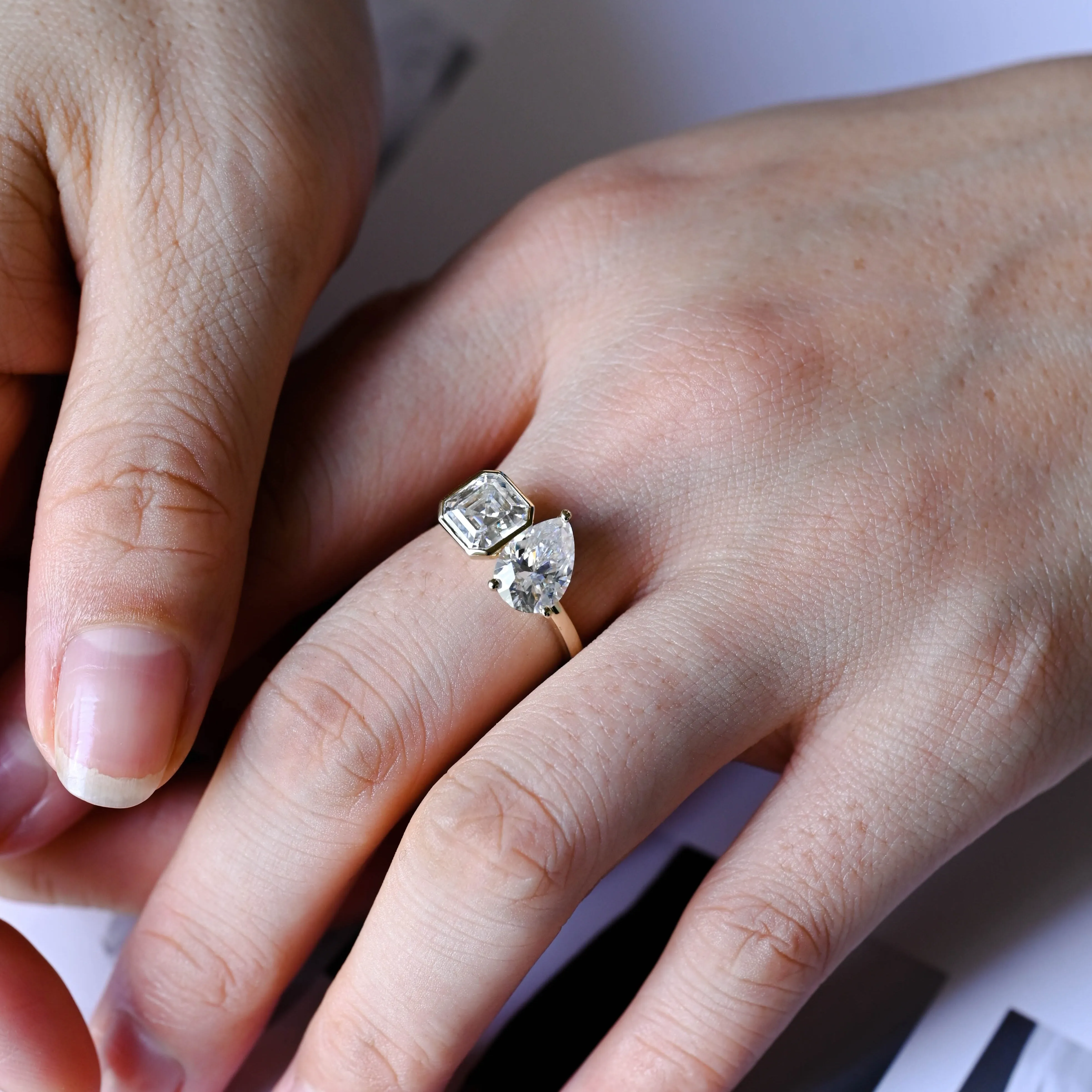 Solid Gold Toi Et Moi Ring, Asscher & Pear Cut Moissanite Engagement Ring sold by Causyou product image thumbnail 2