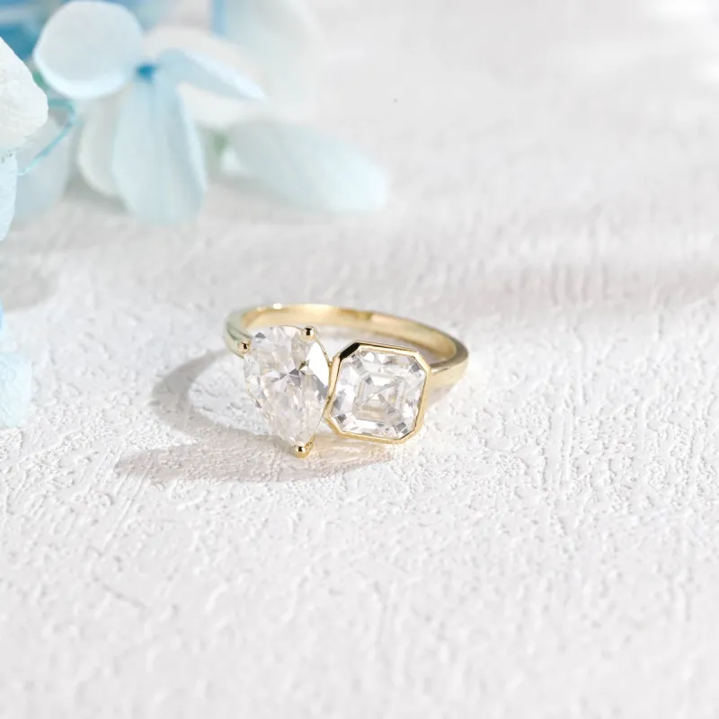 Solid Gold Toi Et Moi Ring, Asscher & Pear Cut Moissanite Engagement Ring sold by Causyou
