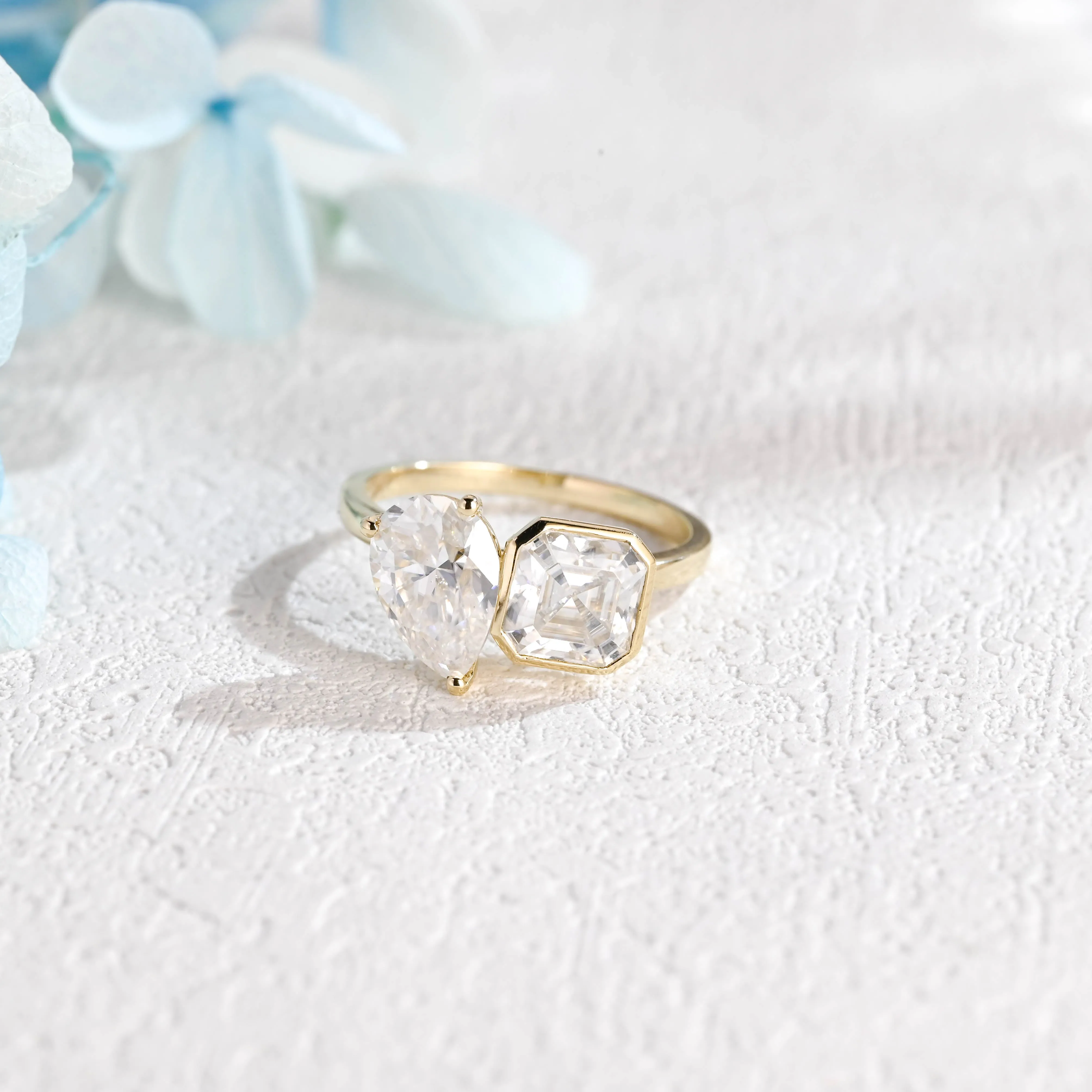 Solid Gold Toi Et Moi Ring, Asscher & Pear Cut Moissanite Engagement Ring sold by Causyou