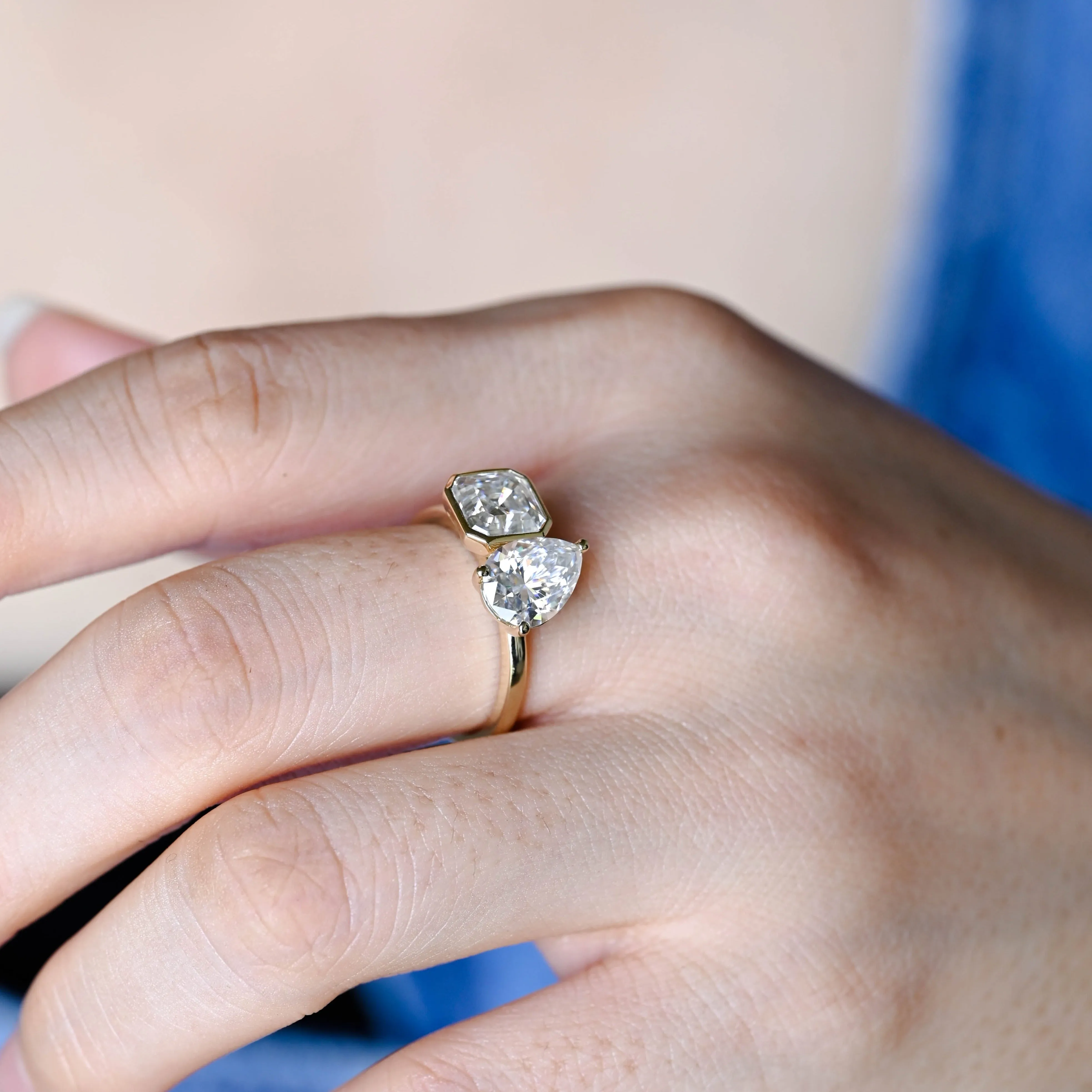 Solid Gold Toi Et Moi Ring, Asscher & Pear Cut Moissanite Engagement Ring sold by Causyou product image thumbnail 3