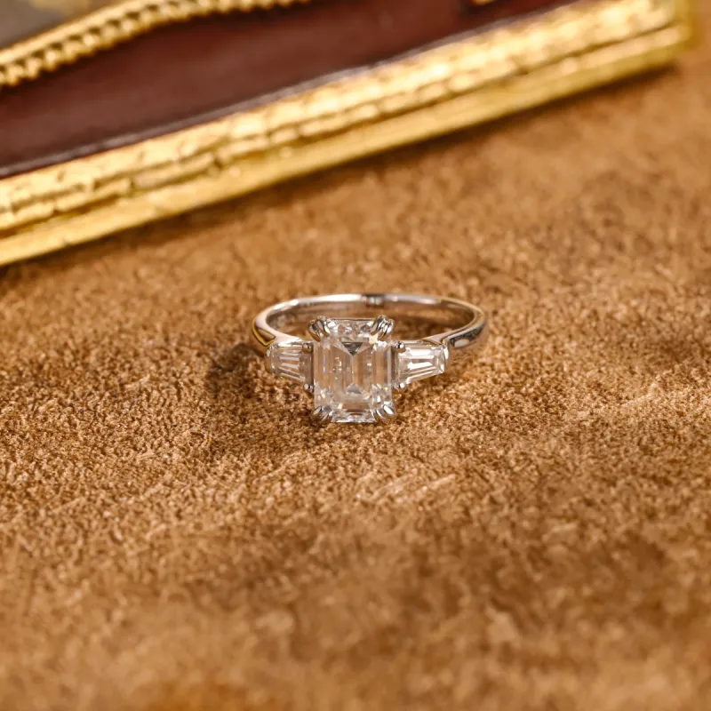 Solid Gold D/VS1 Lab Grown Emerald Cut Diamond Engagement Ring, Three Stone Promise Ring sold by Causyou