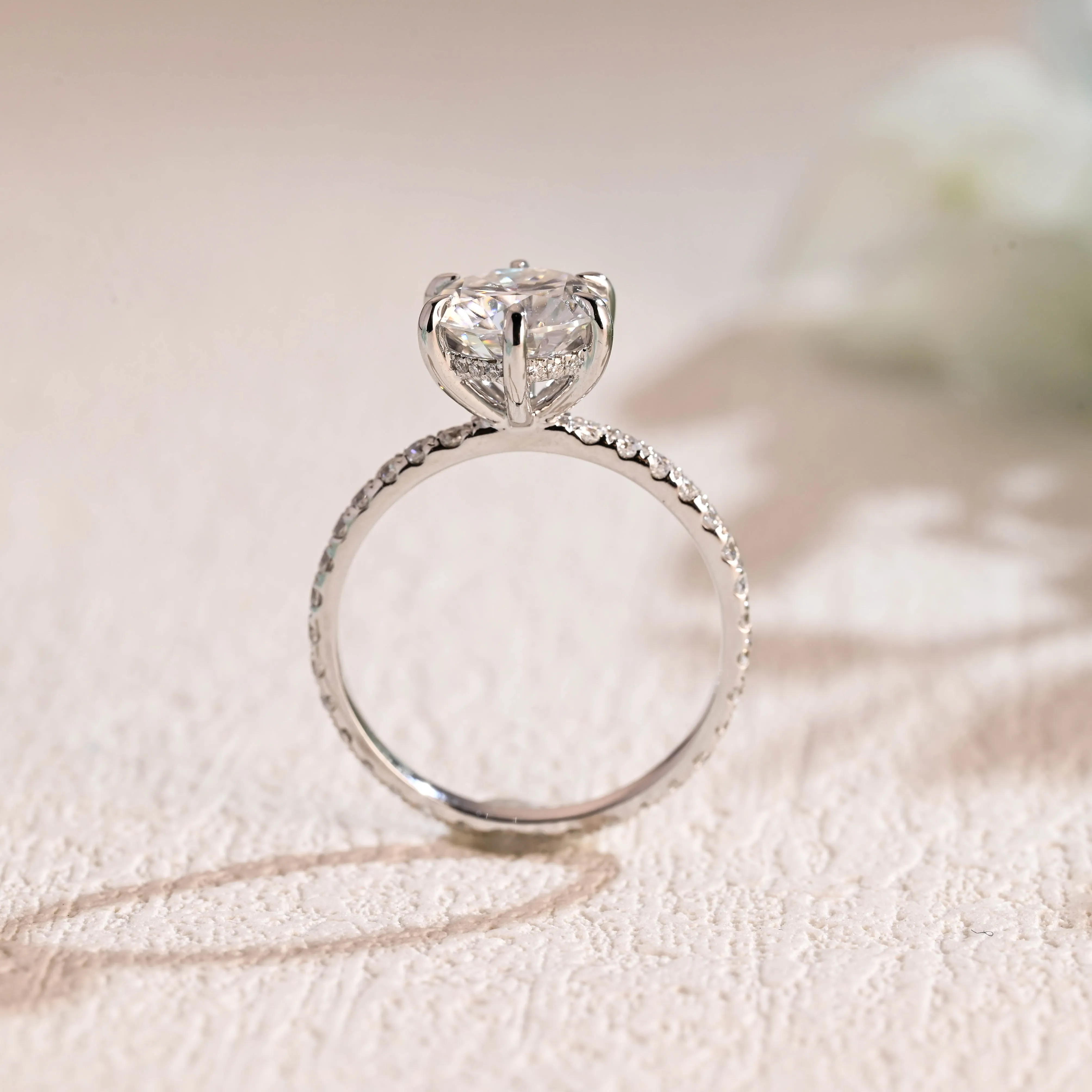 Solid Gold Full Eternity Round Moissanite Engagement Ring Hidden Halo sold by Causyou