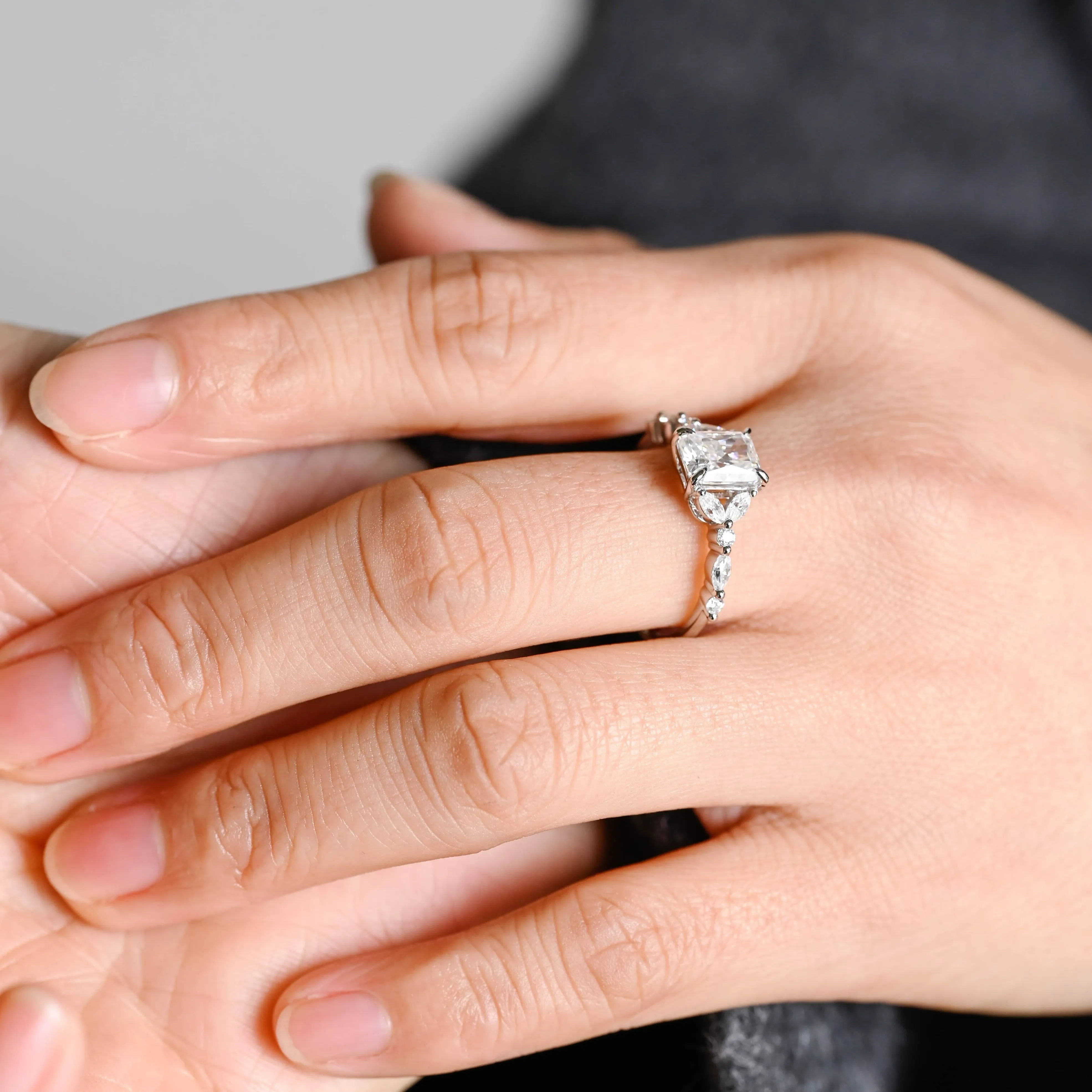 Solid Gold Side Cluster Dainty Radiant Cut Moissanite Engagement Ring sold by Causyou product image thumbnail 3