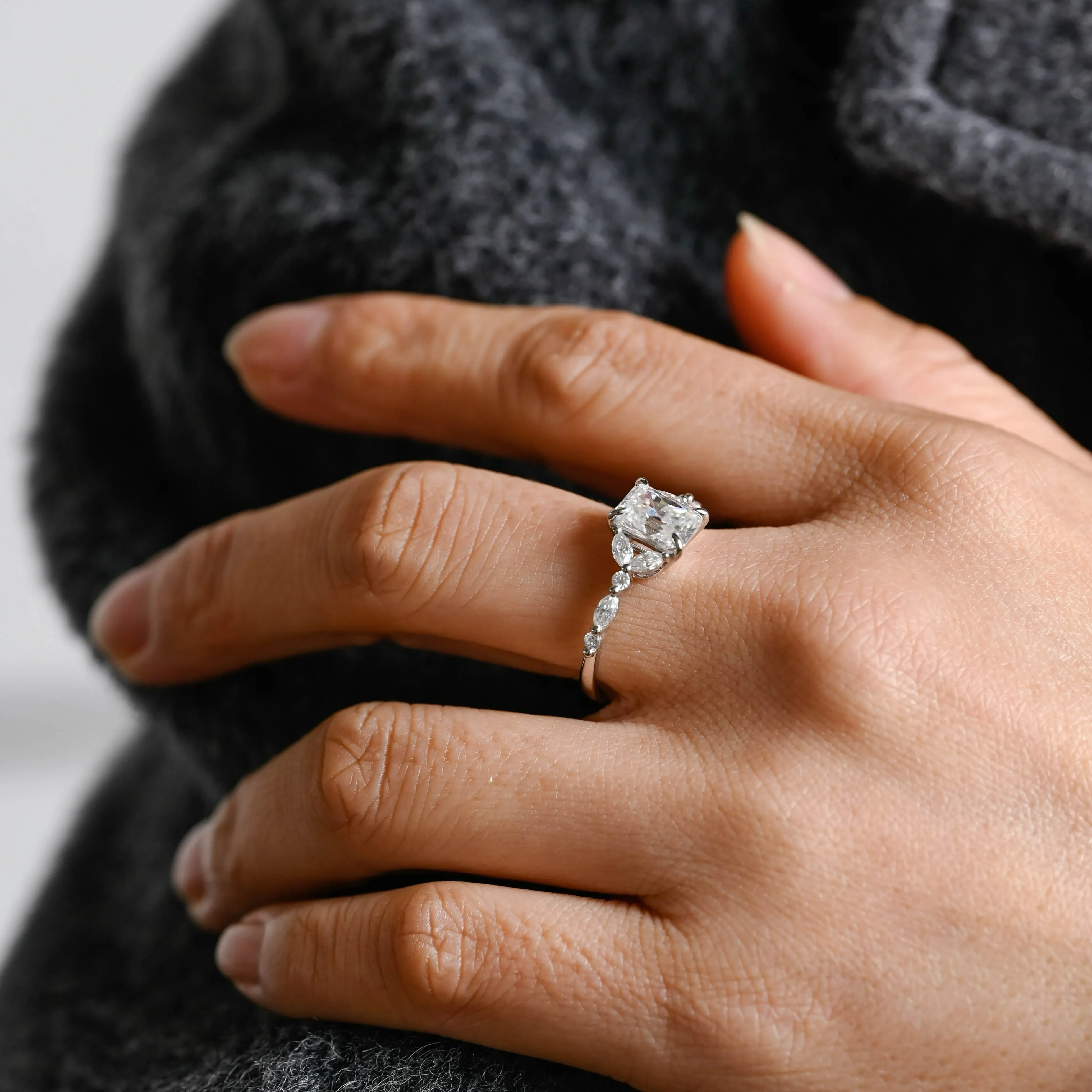 Solid Gold Side Cluster Dainty Radiant Cut Moissanite Engagement Ring sold by Causyou product image thumbnail 4