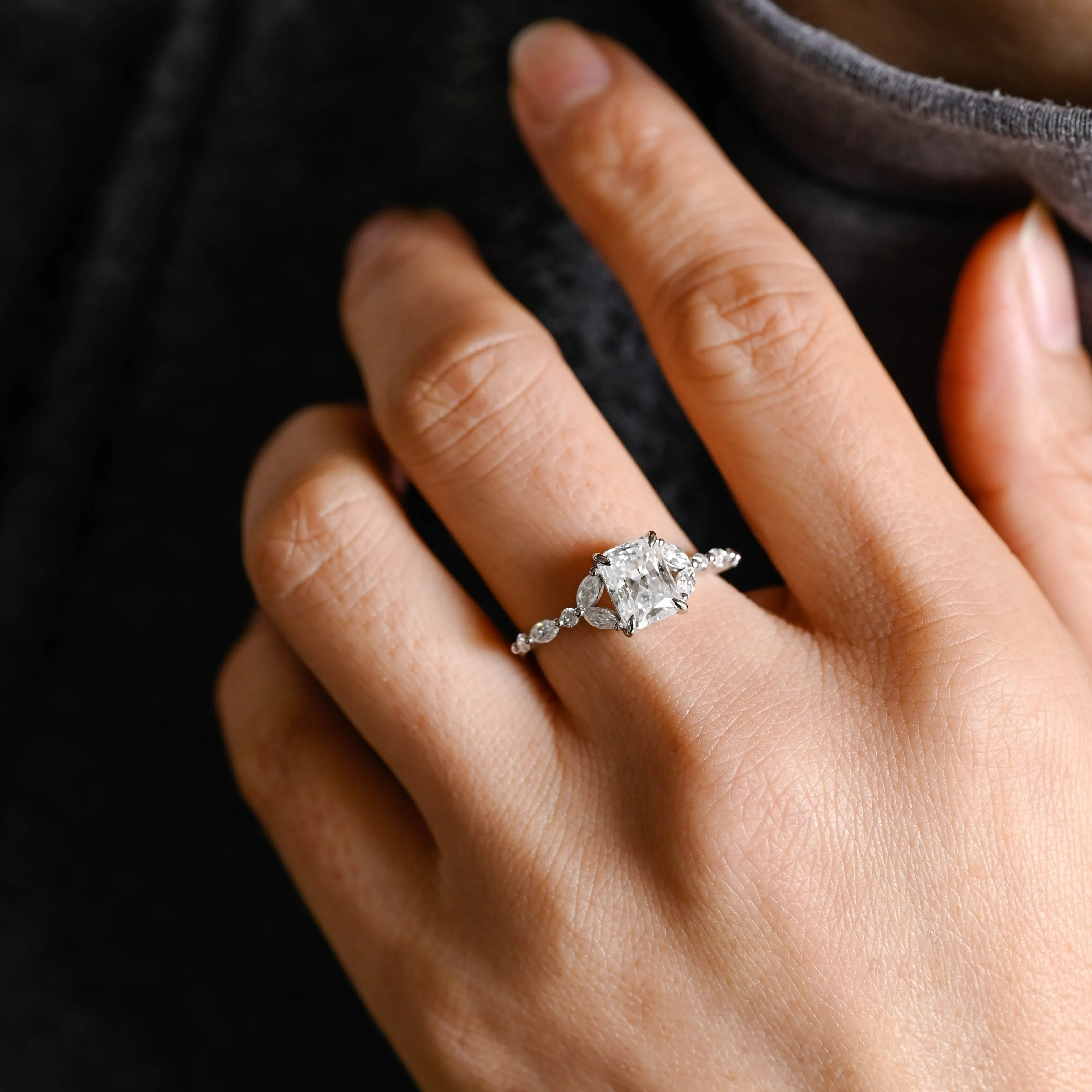 Solid Gold Side Cluster Dainty Radiant Cut Moissanite Engagement Ring sold by Causyou product image thumbnail 2