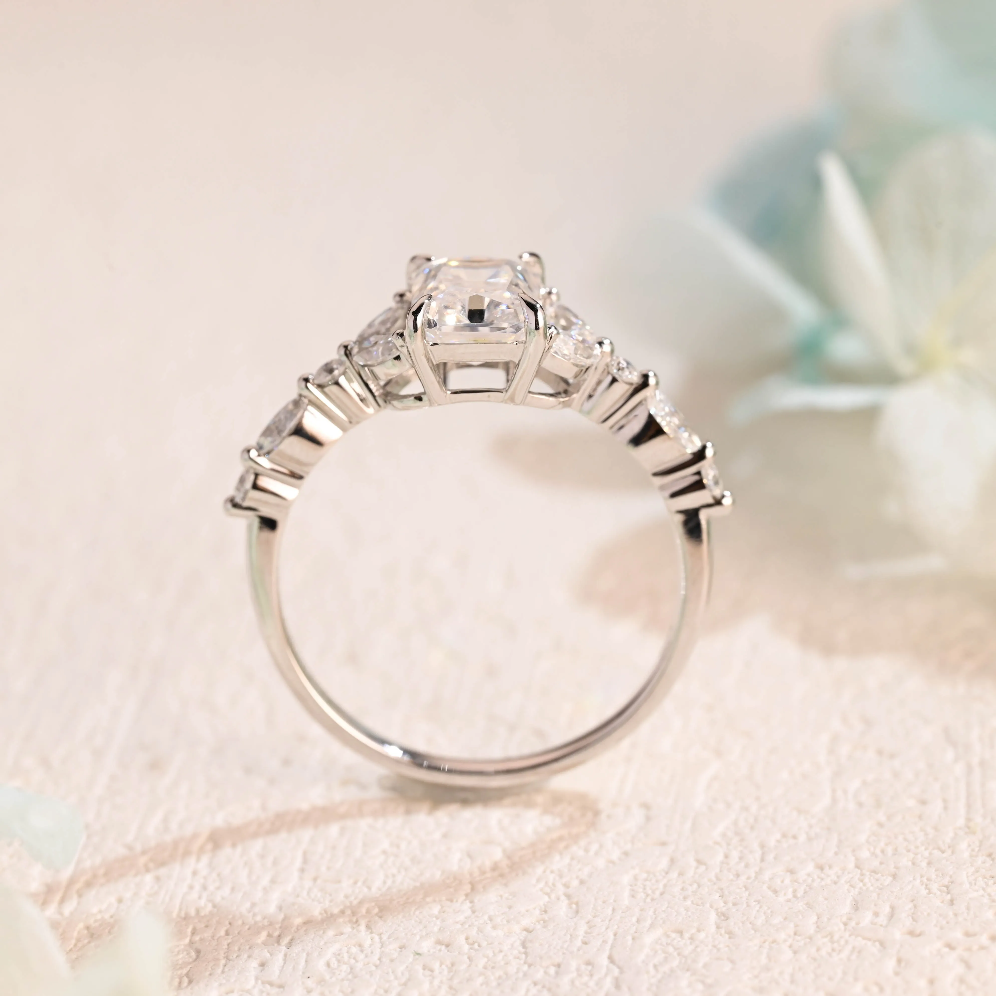 Solid Gold Side Cluster Dainty Radiant Cut Moissanite Engagement Ring sold by Causyou product image thumbnail 5