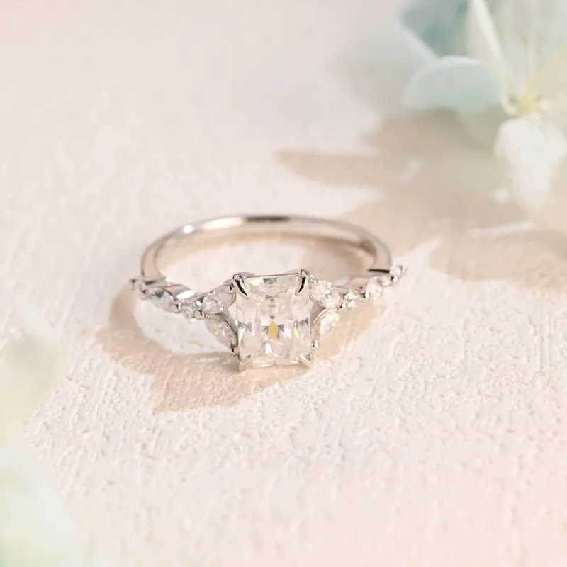 Solid Gold Side Cluster Dainty Radiant Cut Moissanite Engagement Ring sold by Causyou