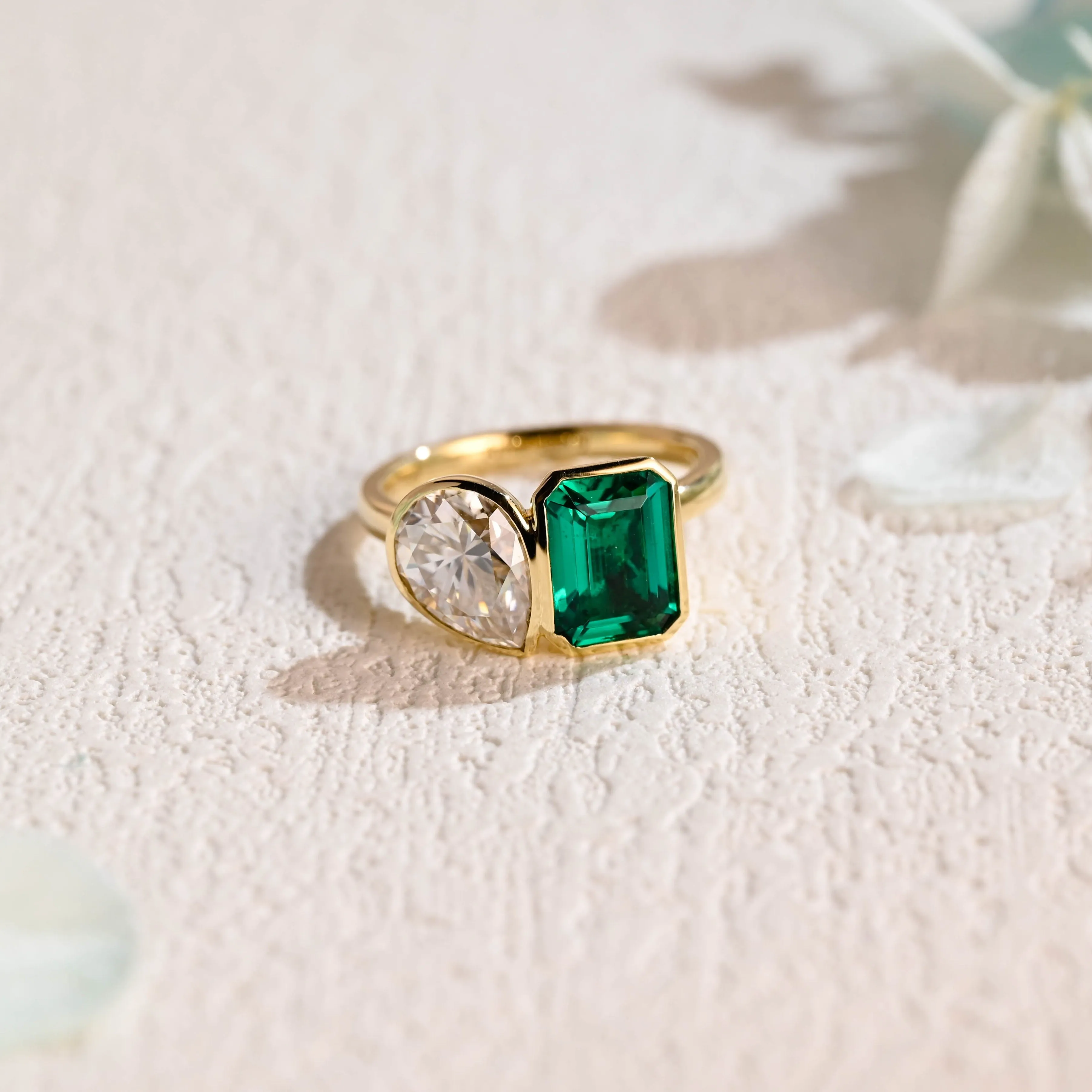 Solid Gold Toi Et Moi Ring, Lab Grown Emerald & Pear Cut Moissanite Engagement Ring, Promise Ring sold by Causyou
