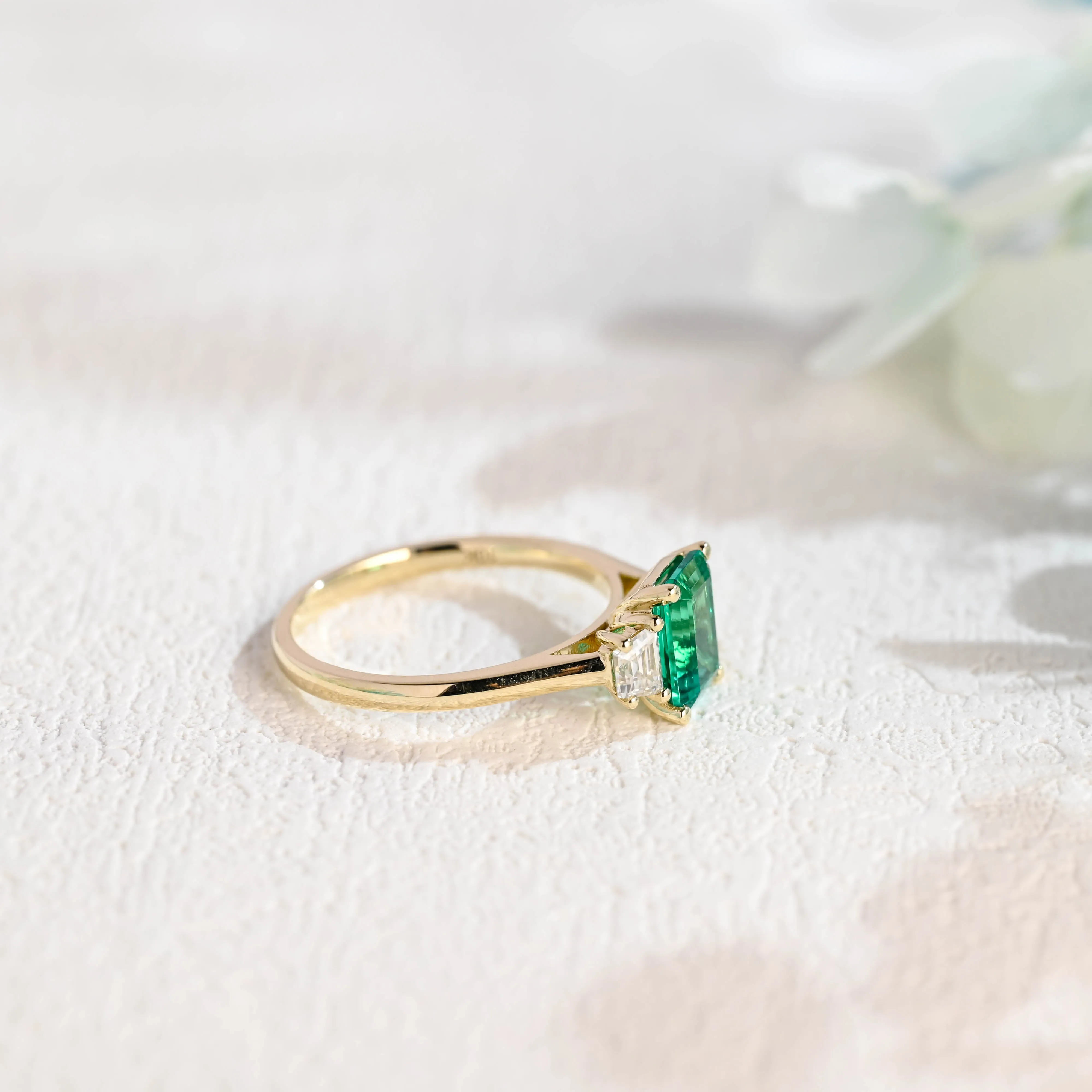 Solid Gold Three Stone Lab Grown Emerald Engagement Ring sold by Causyou product image thumbnail 5