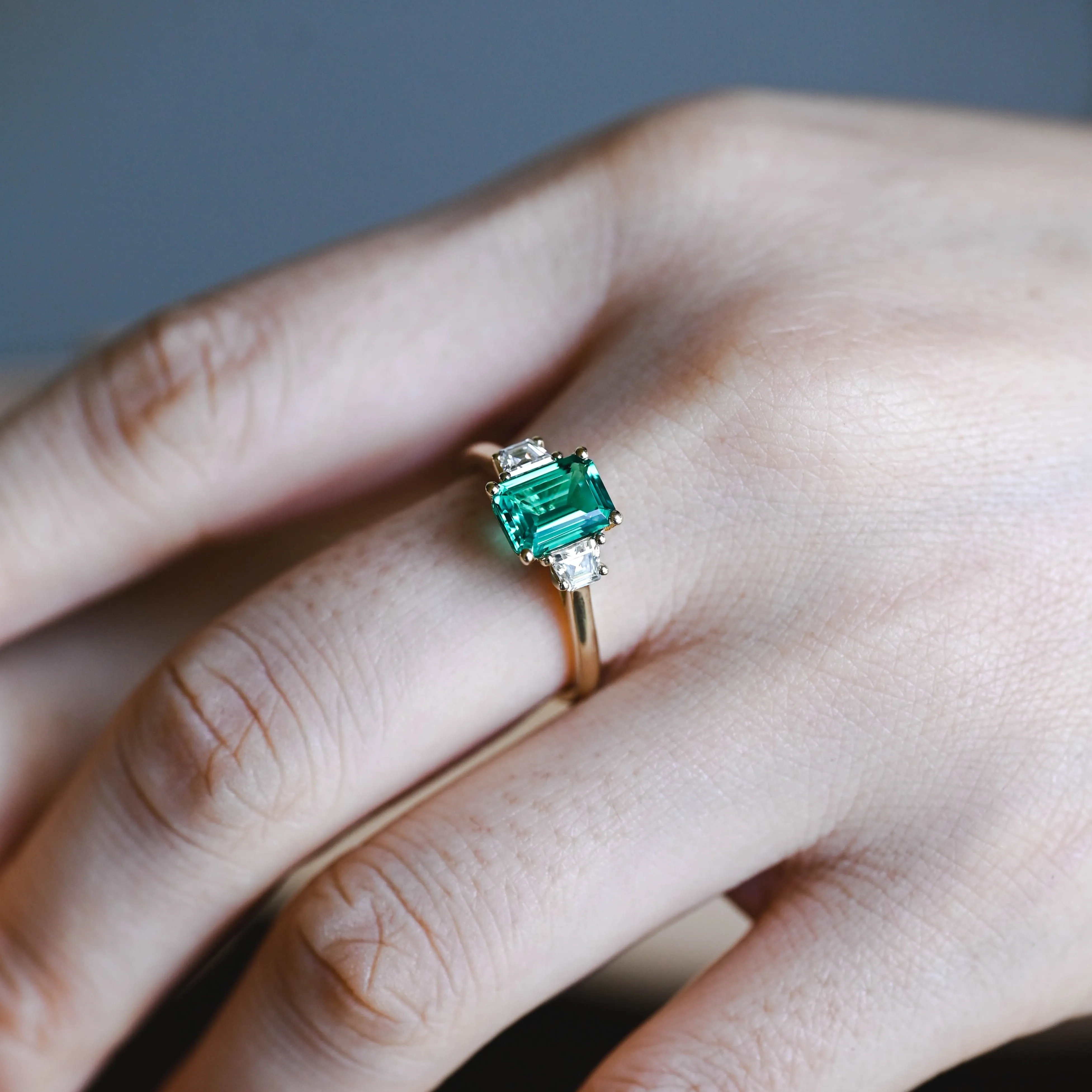 Solid Gold Three Stone Lab Grown Emerald Engagement Ring sold by Causyou product image thumbnail 3