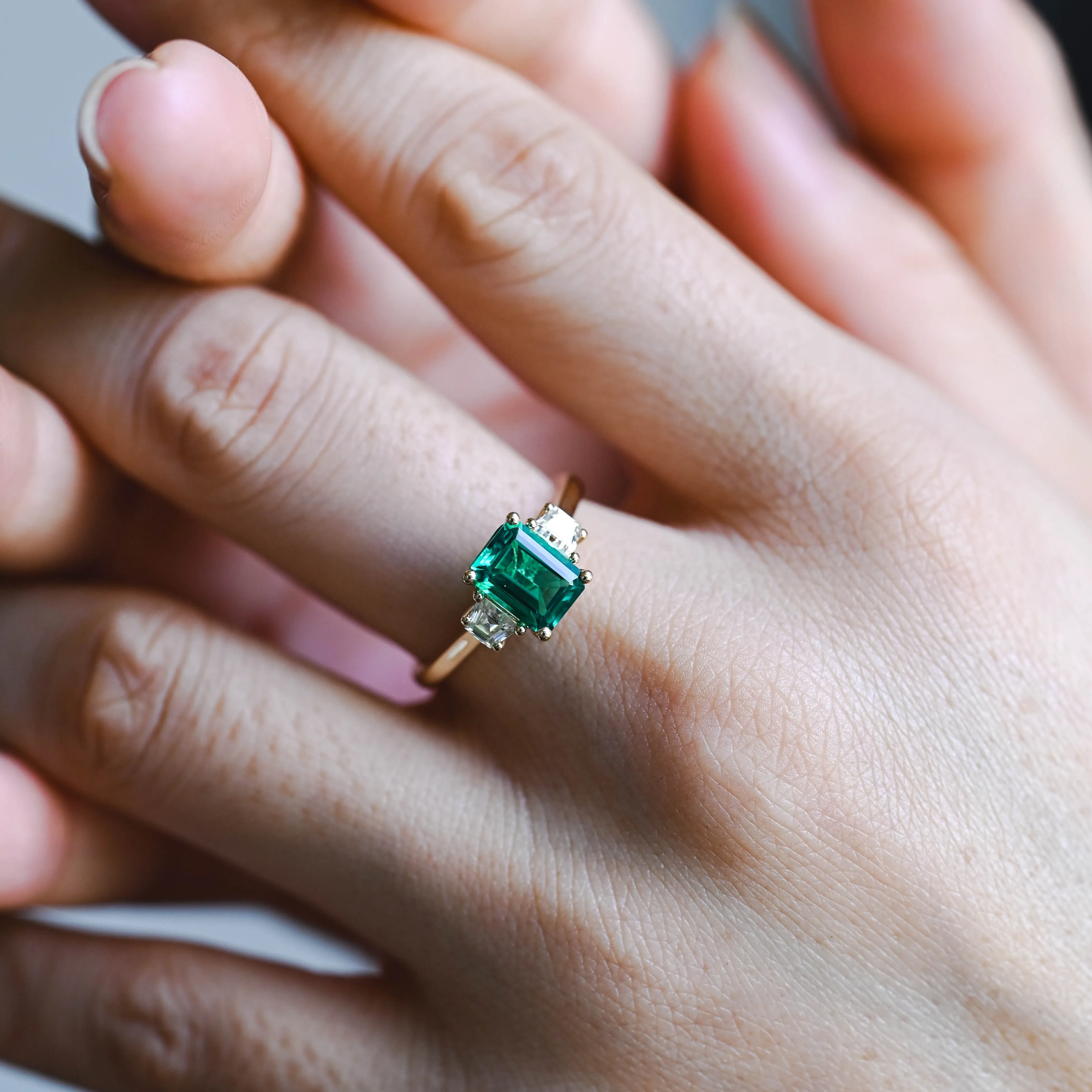 Solid Gold Three Stone Lab Grown Emerald Engagement Ring sold by Causyou product image thumbnail 2