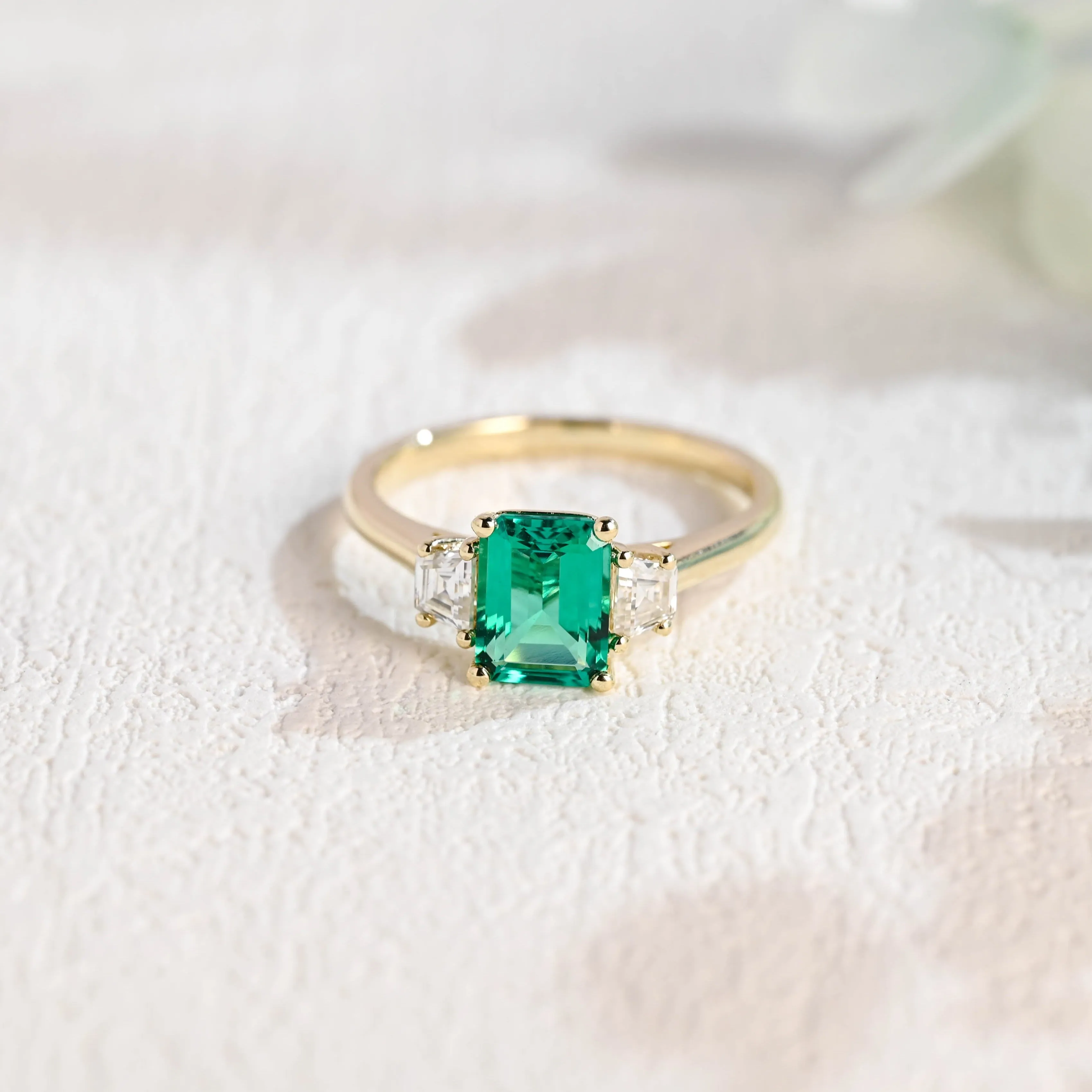 Solid Gold Three Stone Lab Grown Emerald Engagement Ring sold by Causyou