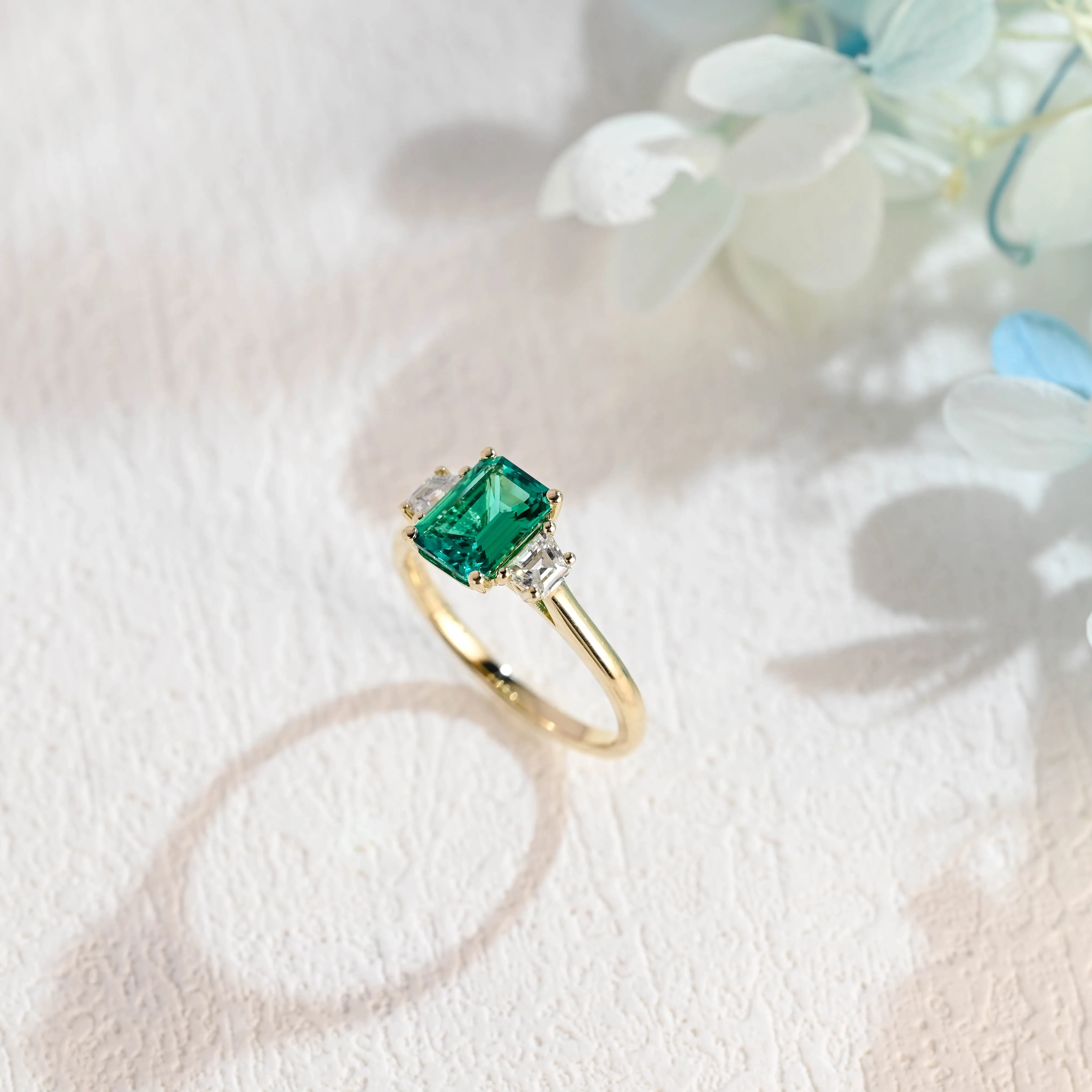 Solid Gold Three Stone Lab Grown Emerald Engagement Ring sold by Causyou product image thumbnail 4