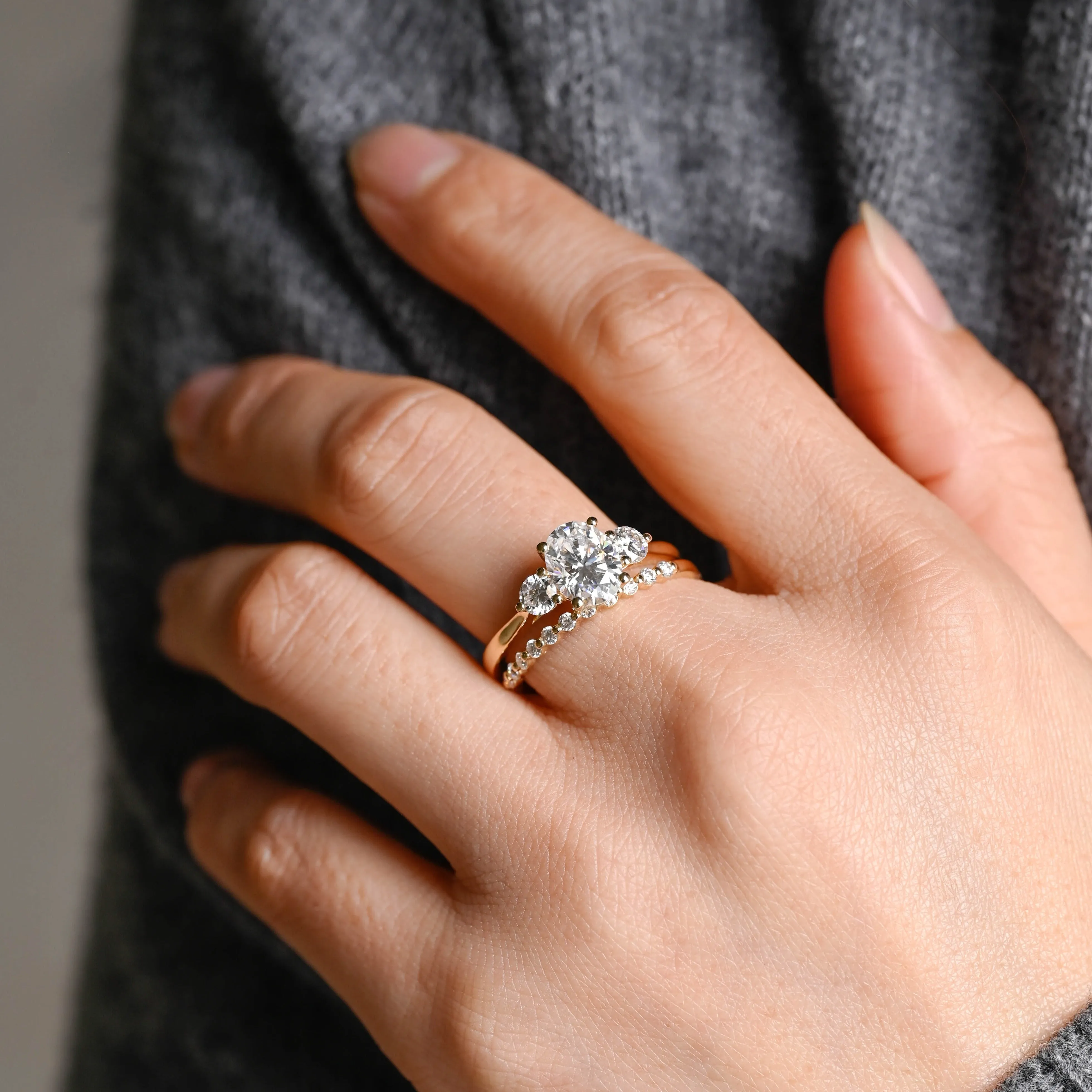 Solid Gold Three Stone Oval Cut Moissanite Wedding Ring Set sold by Causyou product image thumbnail 2