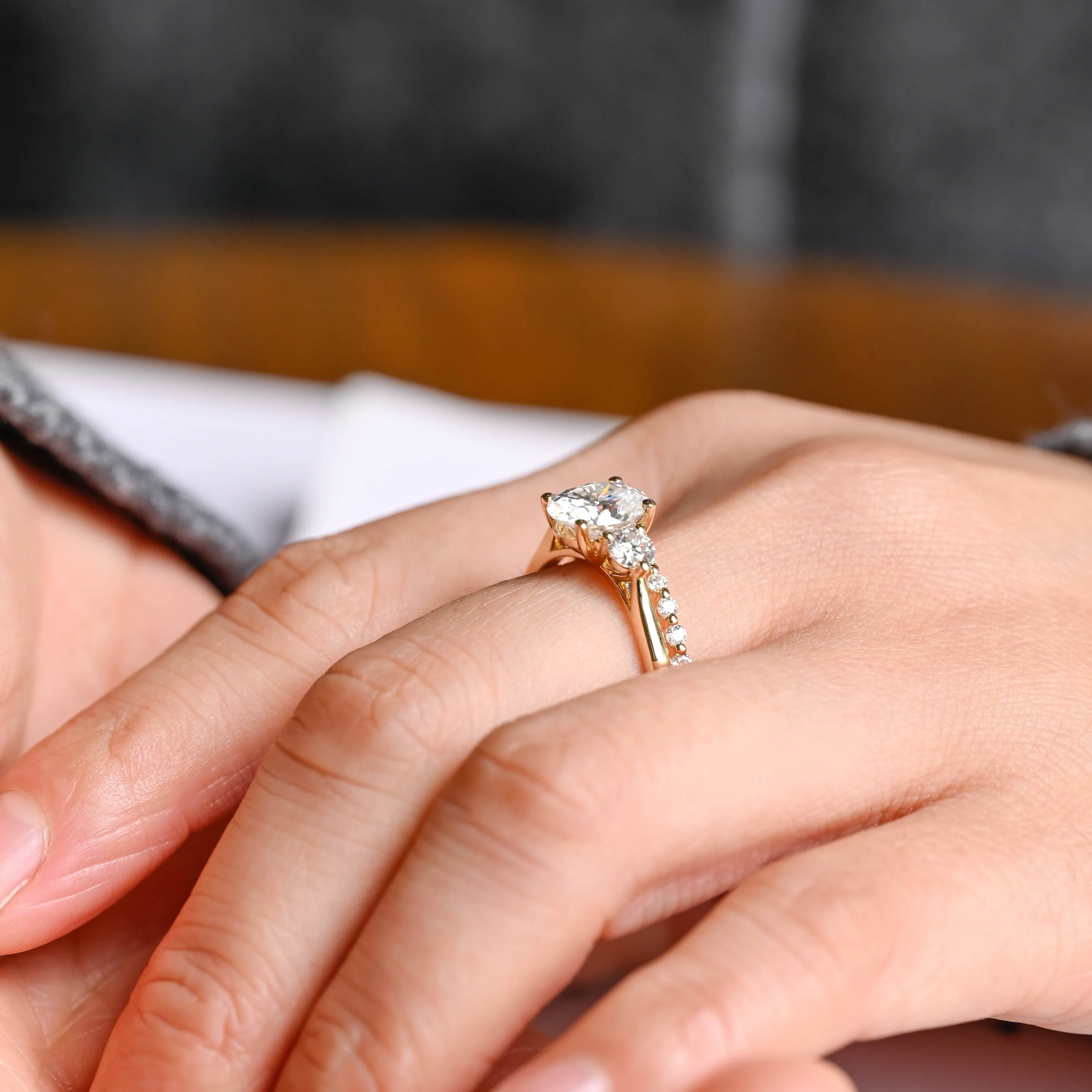 Solid Gold Three Stone Oval Cut Moissanite Wedding Ring Set sold by Causyou product image thumbnail 3