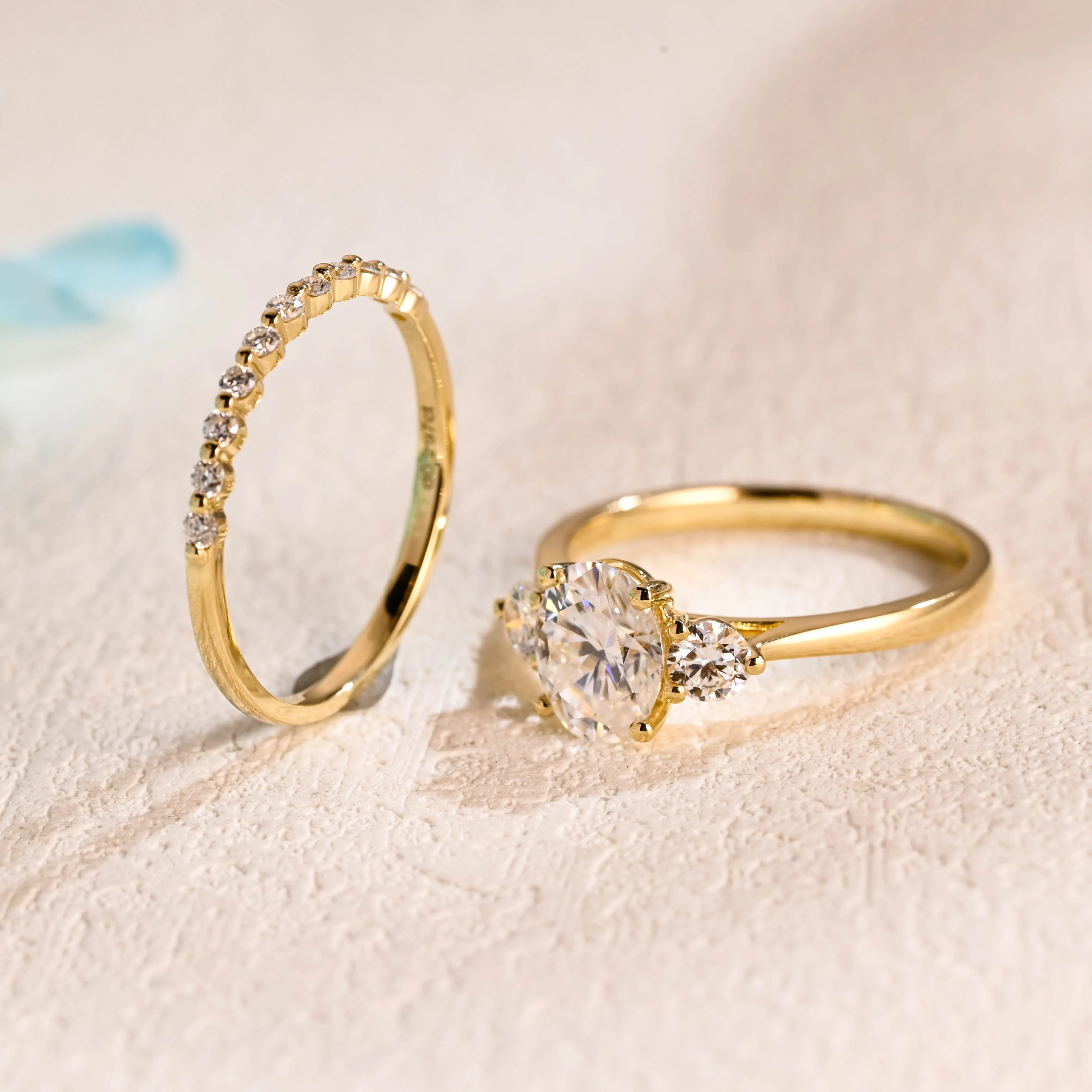 Solid Gold Three Stone Oval Cut Moissanite Wedding Ring Set sold by Causyou product image thumbnail 5