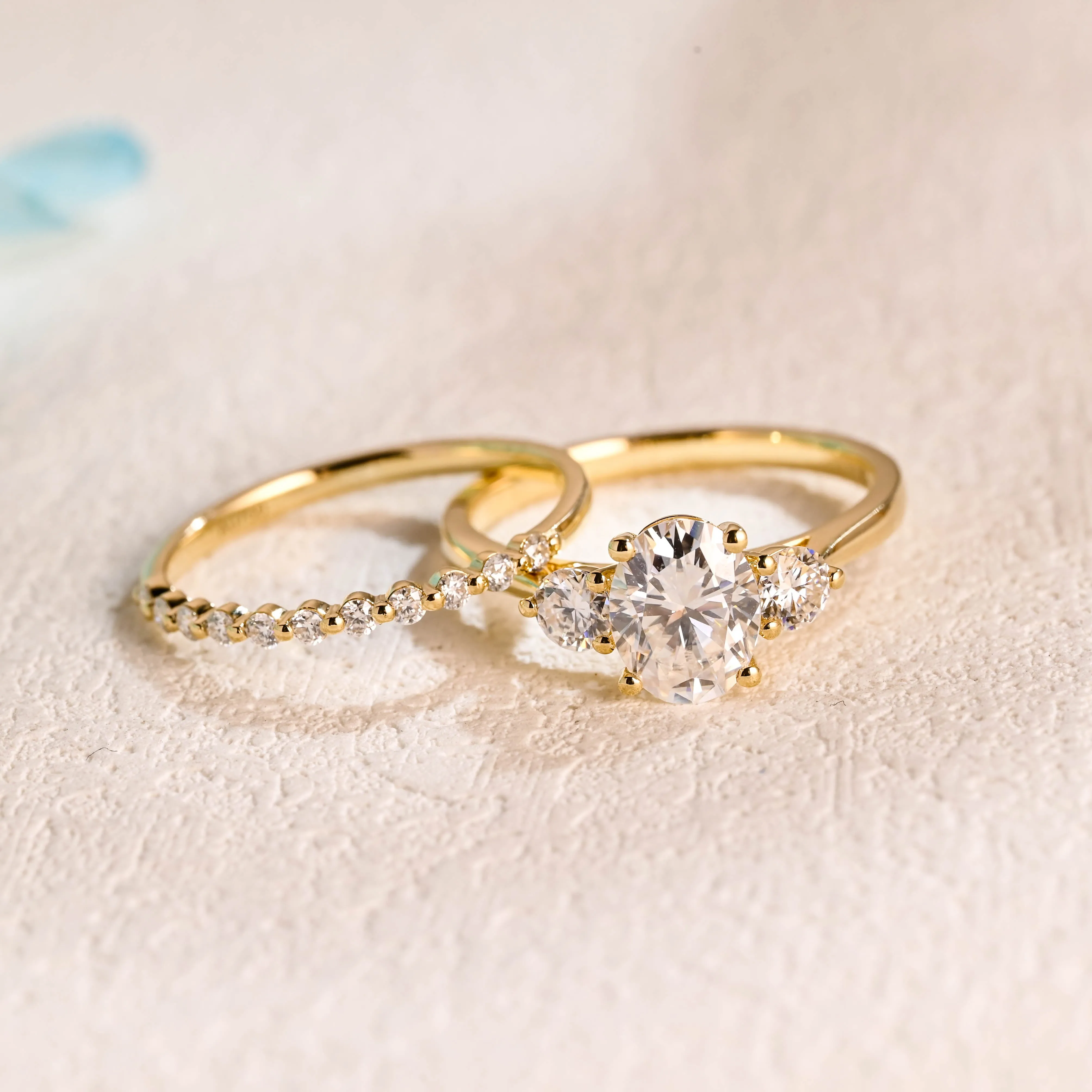 Solid Gold Three Stone Oval Cut Moissanite Wedding Ring Set sold by Causyou