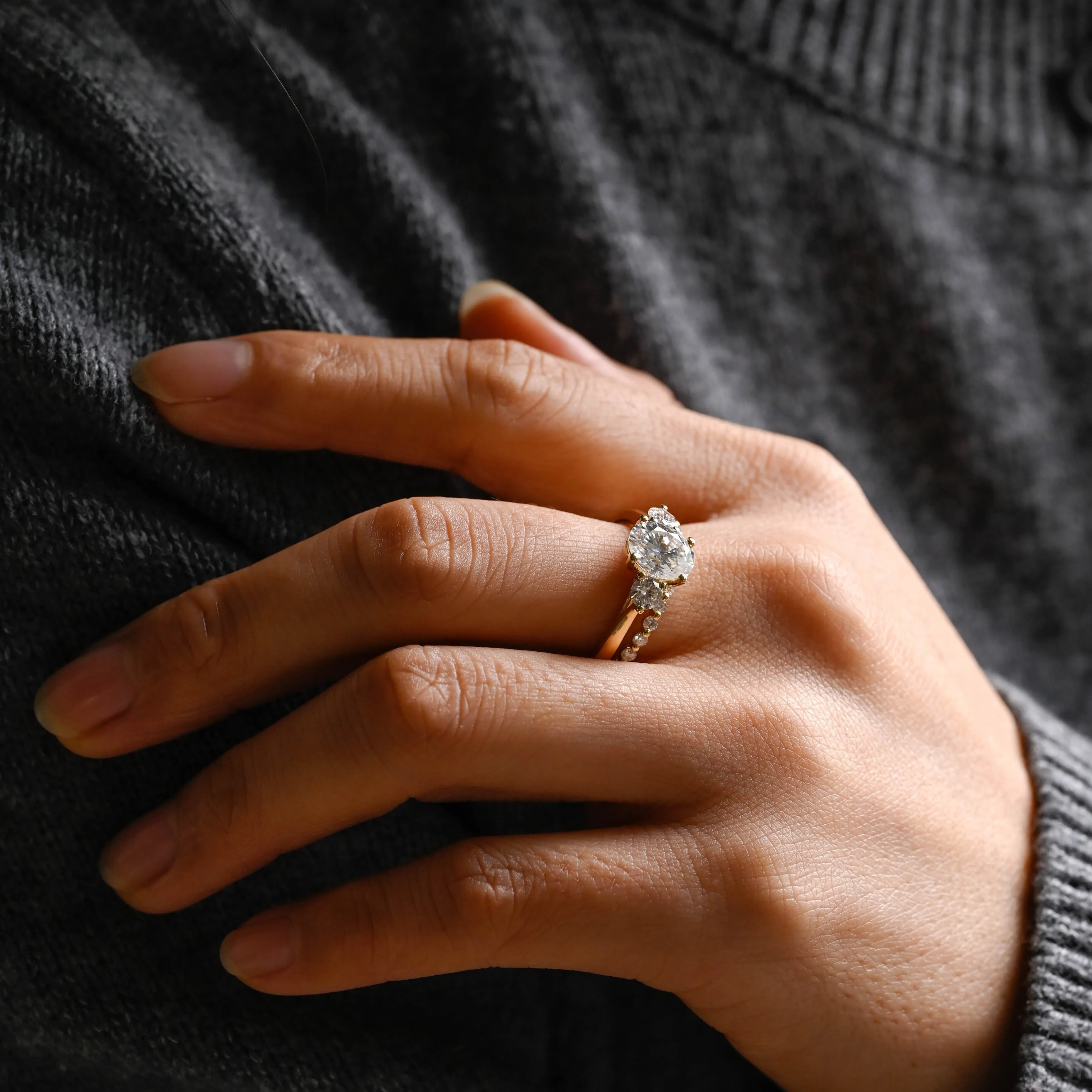 Solid Gold Three Stone Oval Cut Moissanite Wedding Ring Set sold by Causyou product image thumbnail 4