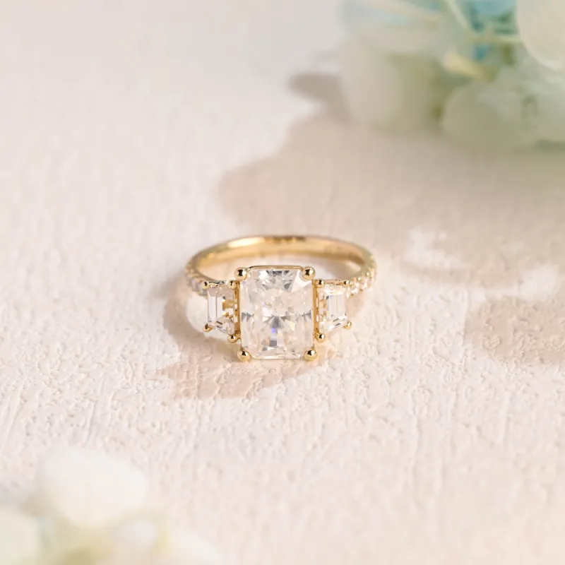 Solid Gold Paved Three Stone Radiant Cut Moissanite Engagement Ring sold by Causyou