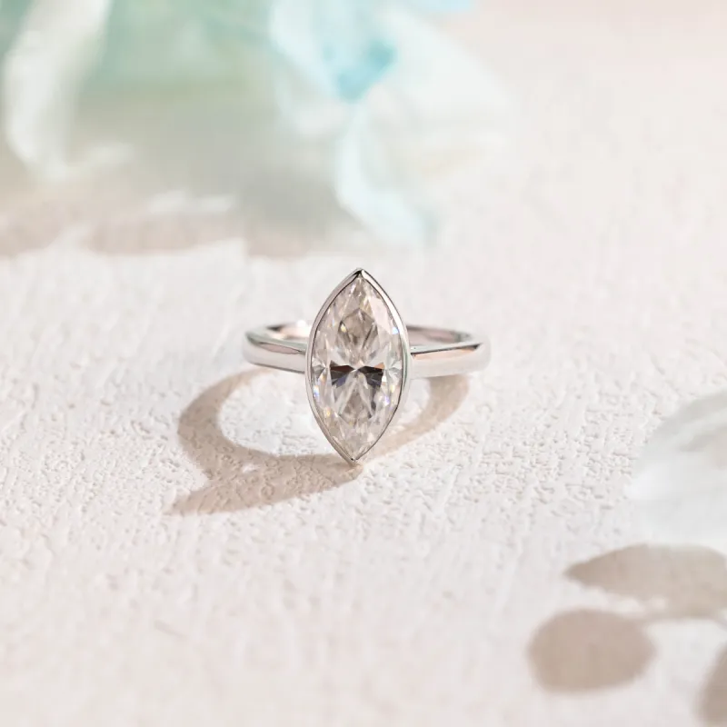 Bezel Solid Gold Marquise Cut Moissanite Engagement Ring sold by Causyou