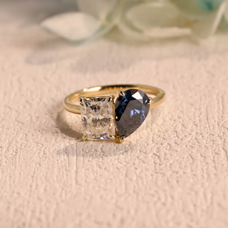Solid Gold Toi Et Moi Ring, Lab Grown Sapphire & Radiant Moissanite Engagement Ring, Promise Ring sold by Causyou