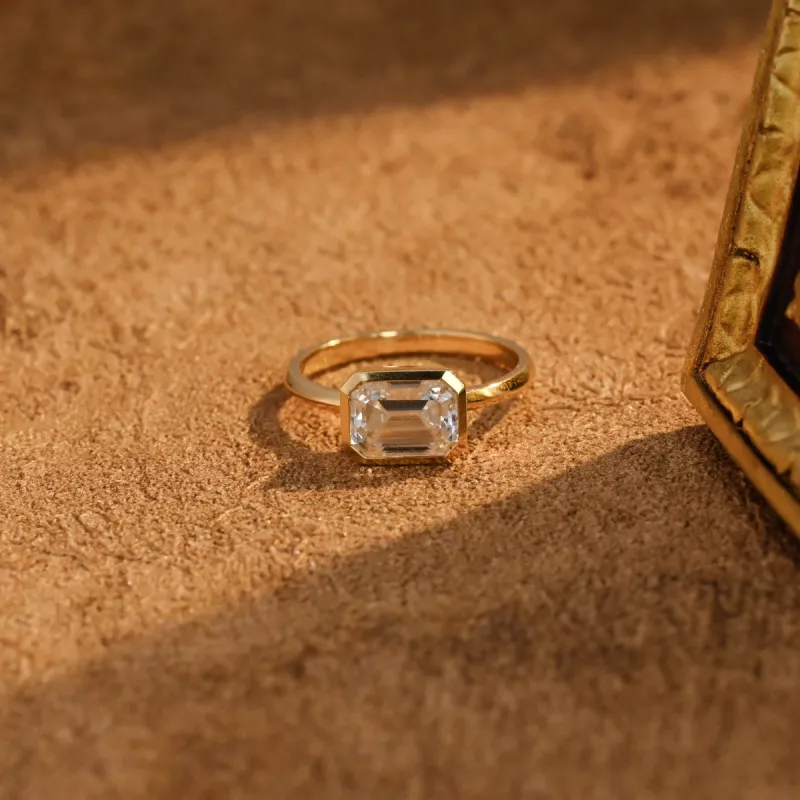 CausYou Solid Gold D/VS1 Bezel Lab Grown Emerald Cut Diamond Engagement Ring, East West Set Wedding Ring sold by Causyou