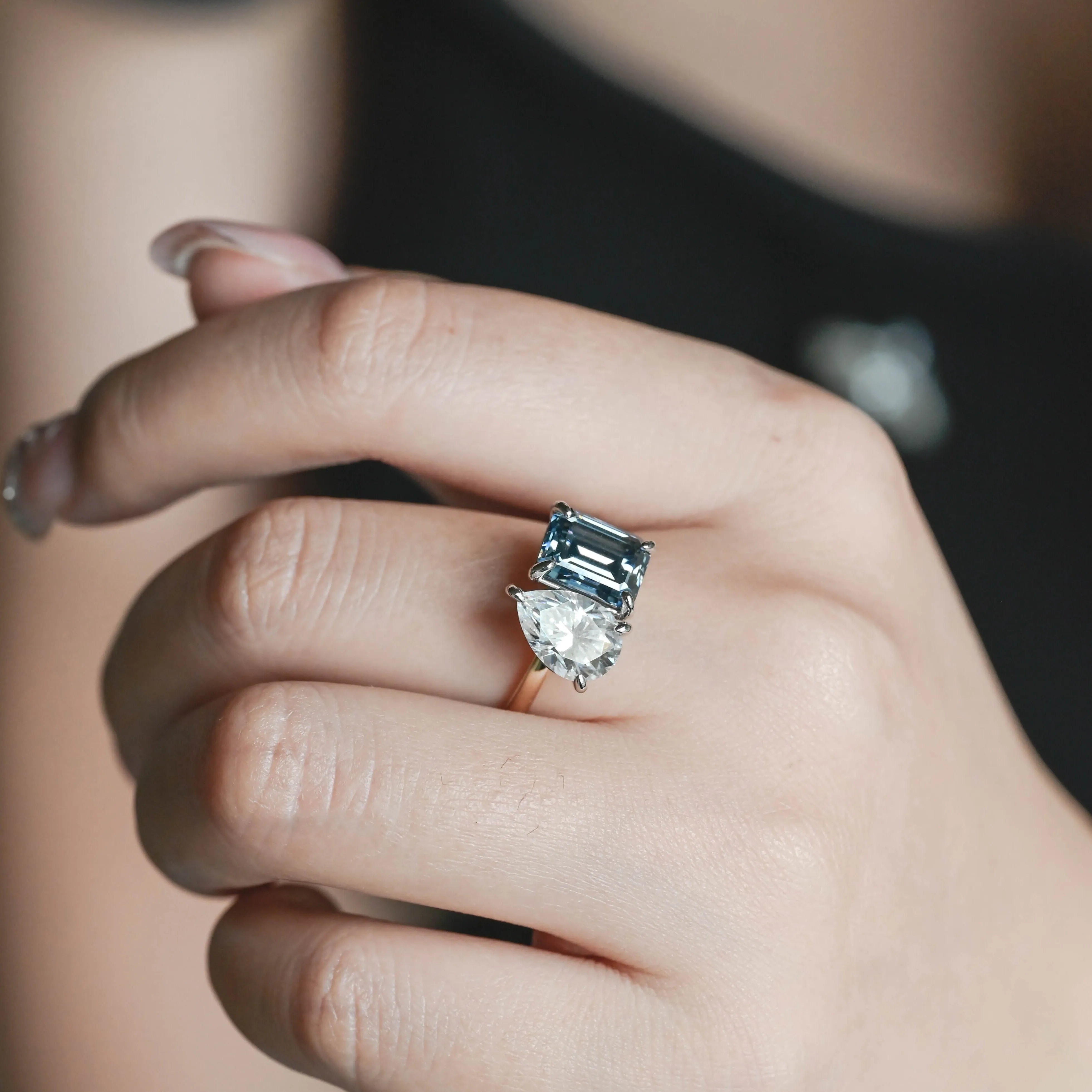 Solid Gold Toi Et Moi Ring, Blue Emerald Cut Moissanite & Pear Cut Moissanite Engagement Ring, Promise Ring for Women sold by Causyou product image thumbnail 3