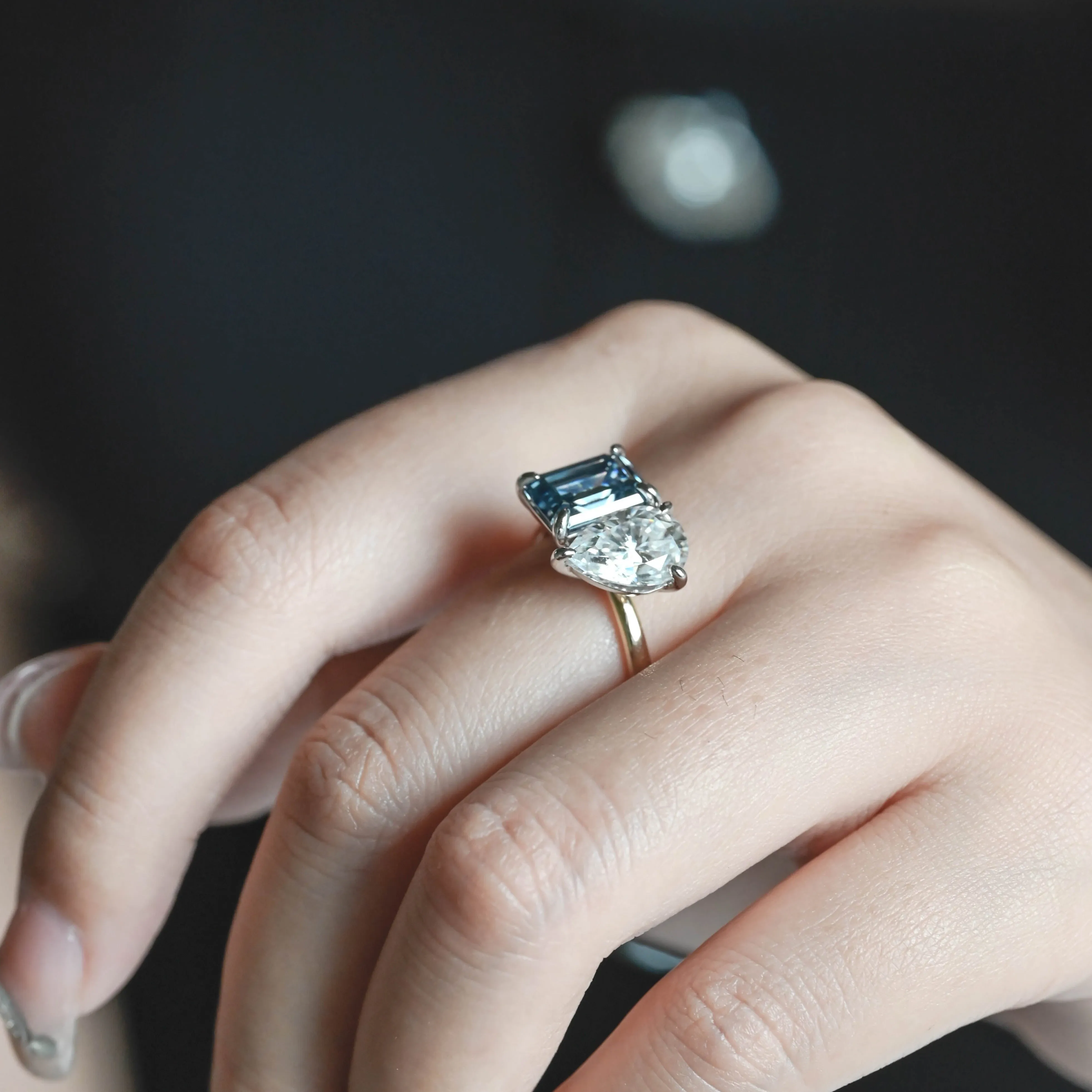 Solid Gold Toi Et Moi Ring, Blue Emerald Cut Moissanite & Pear Cut Moissanite Engagement Ring, Promise Ring for Women sold by Causyou product image thumbnail 4