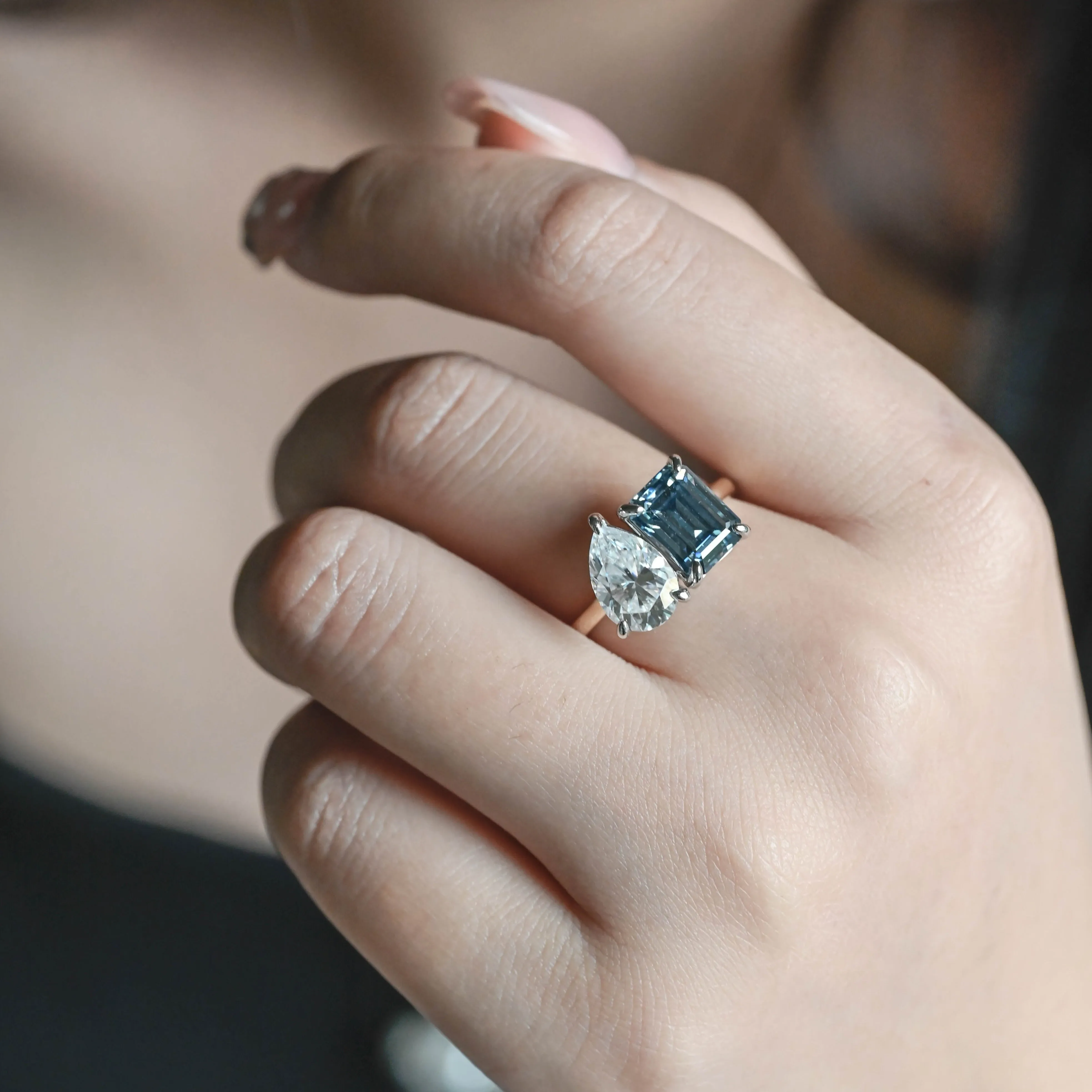 Solid Gold Toi Et Moi Ring, Blue Emerald Cut Moissanite & Pear Cut Moissanite Engagement Ring, Promise Ring for Women sold by Causyou product image thumbnail 2