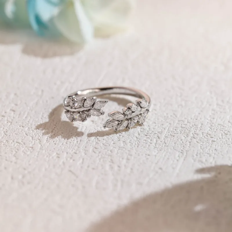 Solid Gold Leaf Ring Marquise Cut Moissanite Wedding Band sold by Causyou