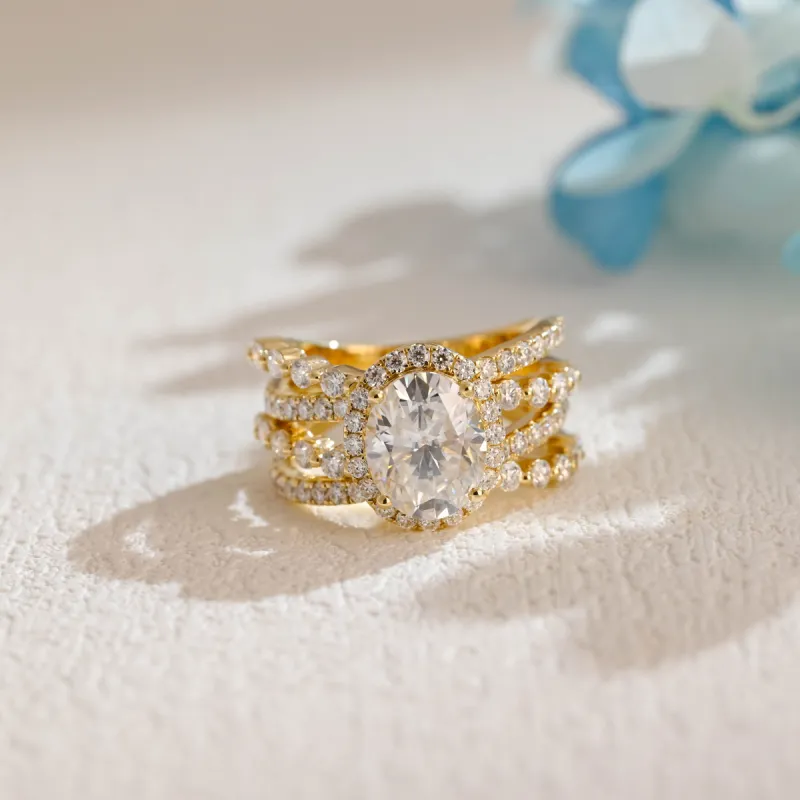 Solid Gold Crossover Shank Halo Oval Cut Moissanite Engagement Ring sold by Causyou