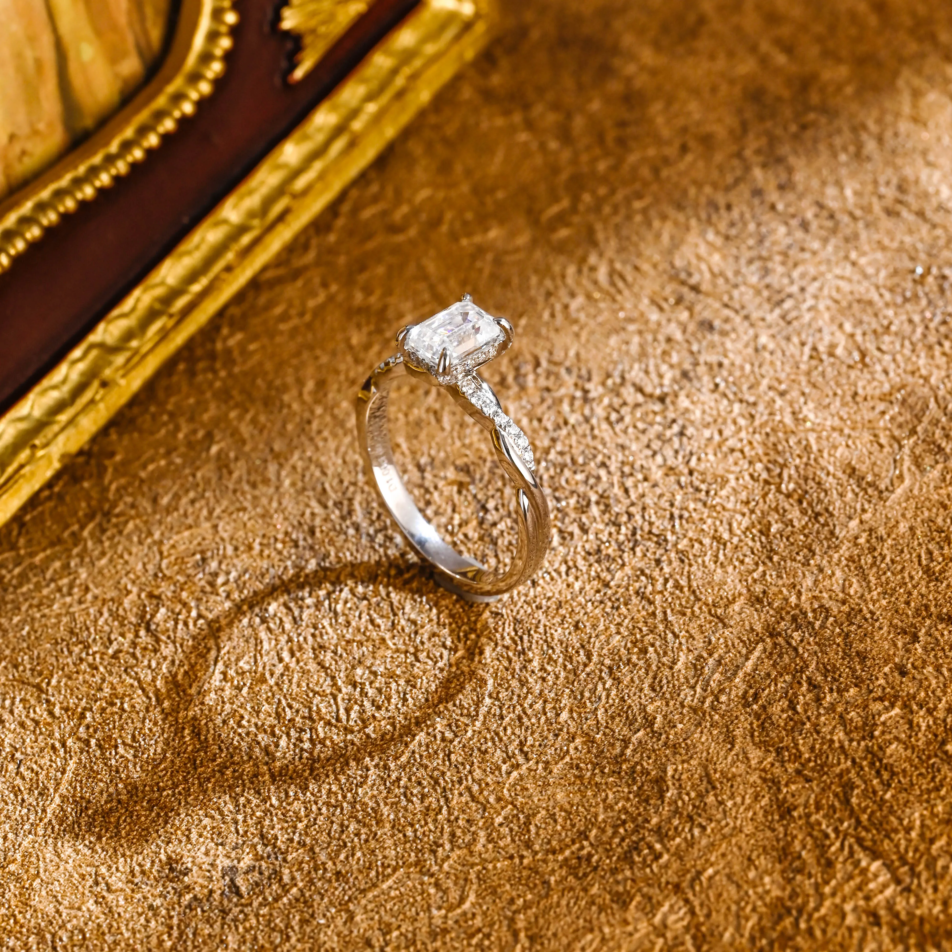 CausYou Solid Gold D/VS1 Twist Band Emerald Cut Lab Grown Diamond Engagement Ring, Hidden Halo Wedding Ring sold by Causyou product image thumbnail 5