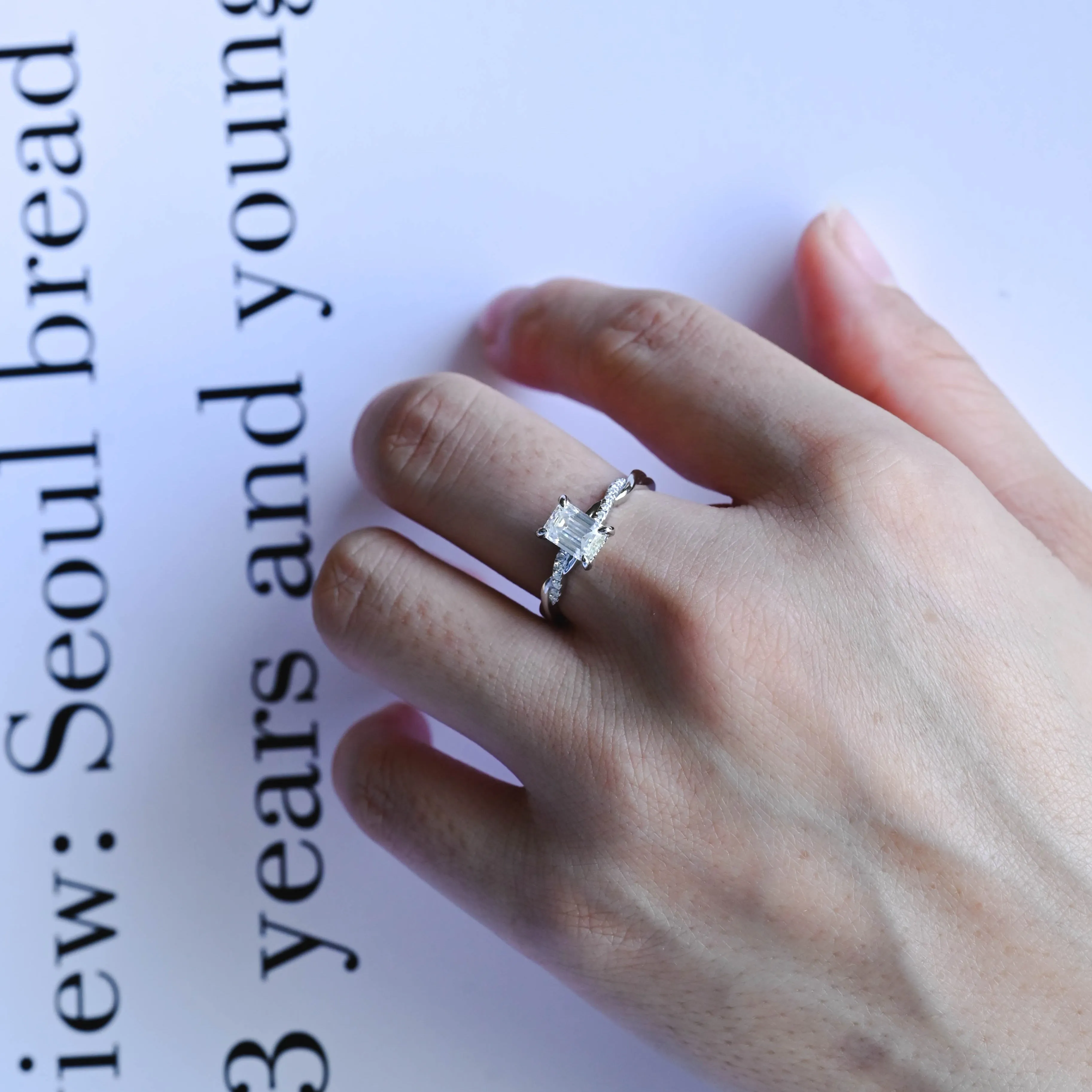 CausYou Solid Gold D/VS1 Twist Band Emerald Cut Lab Grown Diamond Engagement Ring, Hidden Halo Wedding Ring sold by Causyou product image thumbnail 2