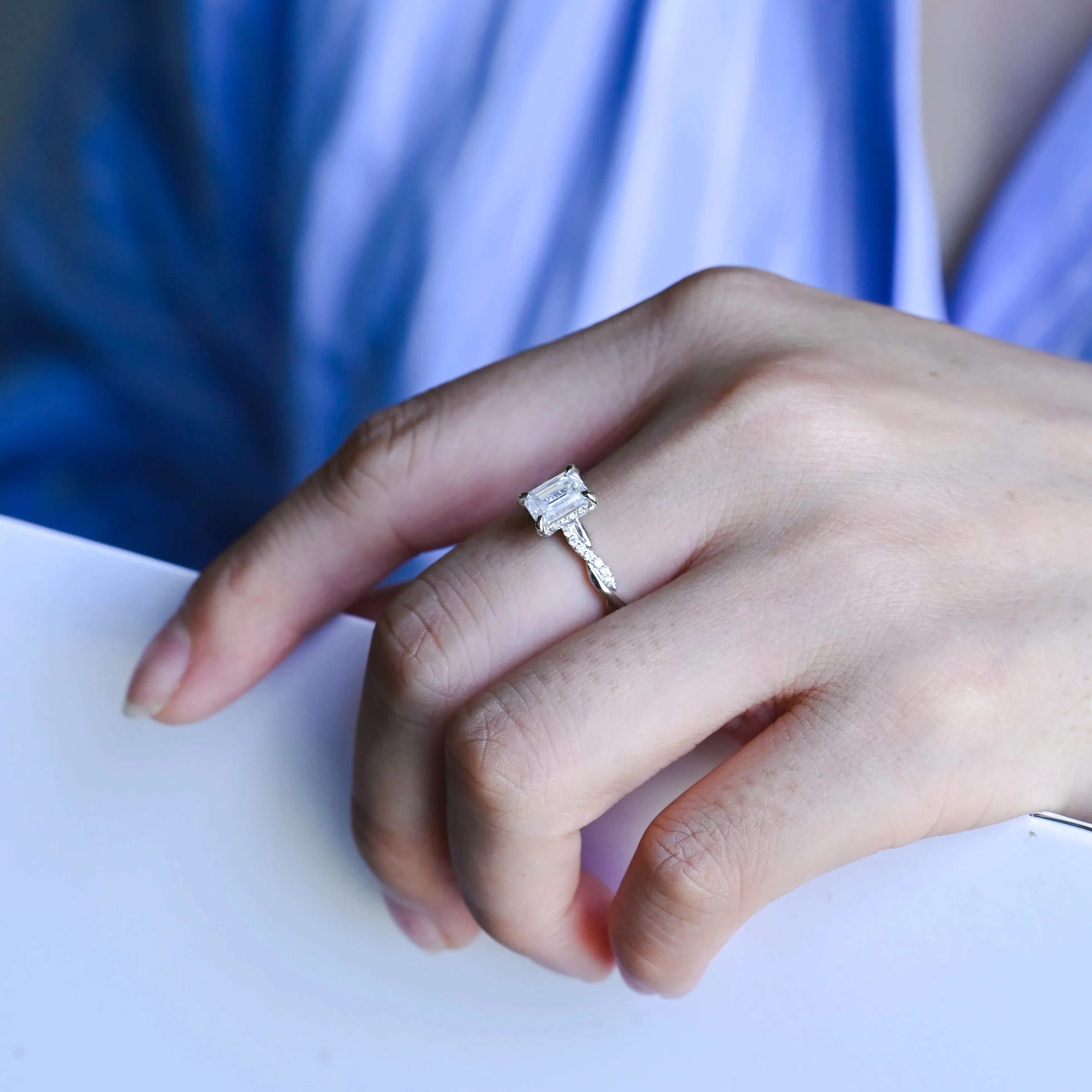 CausYou Solid Gold D/VS1 Twist Band Emerald Cut Lab Grown Diamond Engagement Ring, Hidden Halo Wedding Ring sold by Causyou product image thumbnail 3