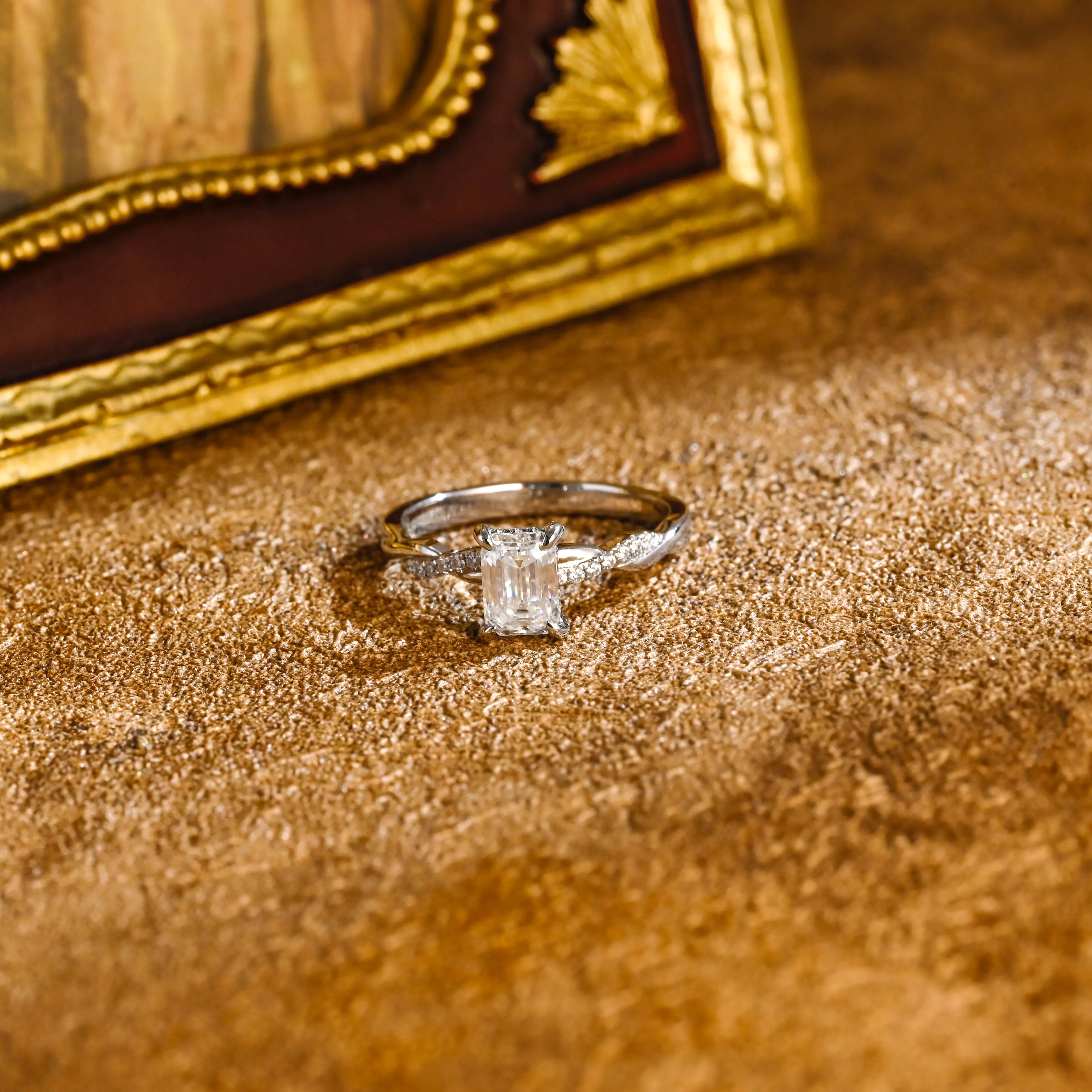 CausYou Solid Gold D/VS1 Twist Band Emerald Cut Lab Grown Diamond Engagement Ring, Hidden Halo Wedding Ring sold by Causyou